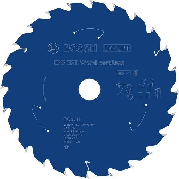 Blaues Bosch Expert 'EXPERT Wood cordless' Kreissägeblatt mit Mittenloch und Hartmetallzähnen, gekennzeichnet mit Größe und Schnittspezifikationen.