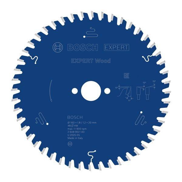Blaues Bosch Expert Holz-Kreissägeblatt mit Zahnkante, Mittenloch und gedruckten Größen- und Schnittwinkel-Markierungen.
