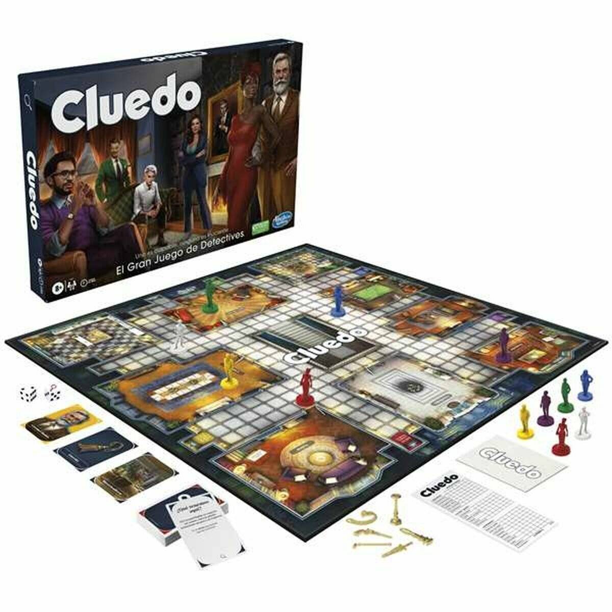 Cluedo' Brettspielset mit Spielbrett, Karten, Würfeln und Charaktermerkern. Empfohlen für Alter 14 und älter, 2-6 Spieler.