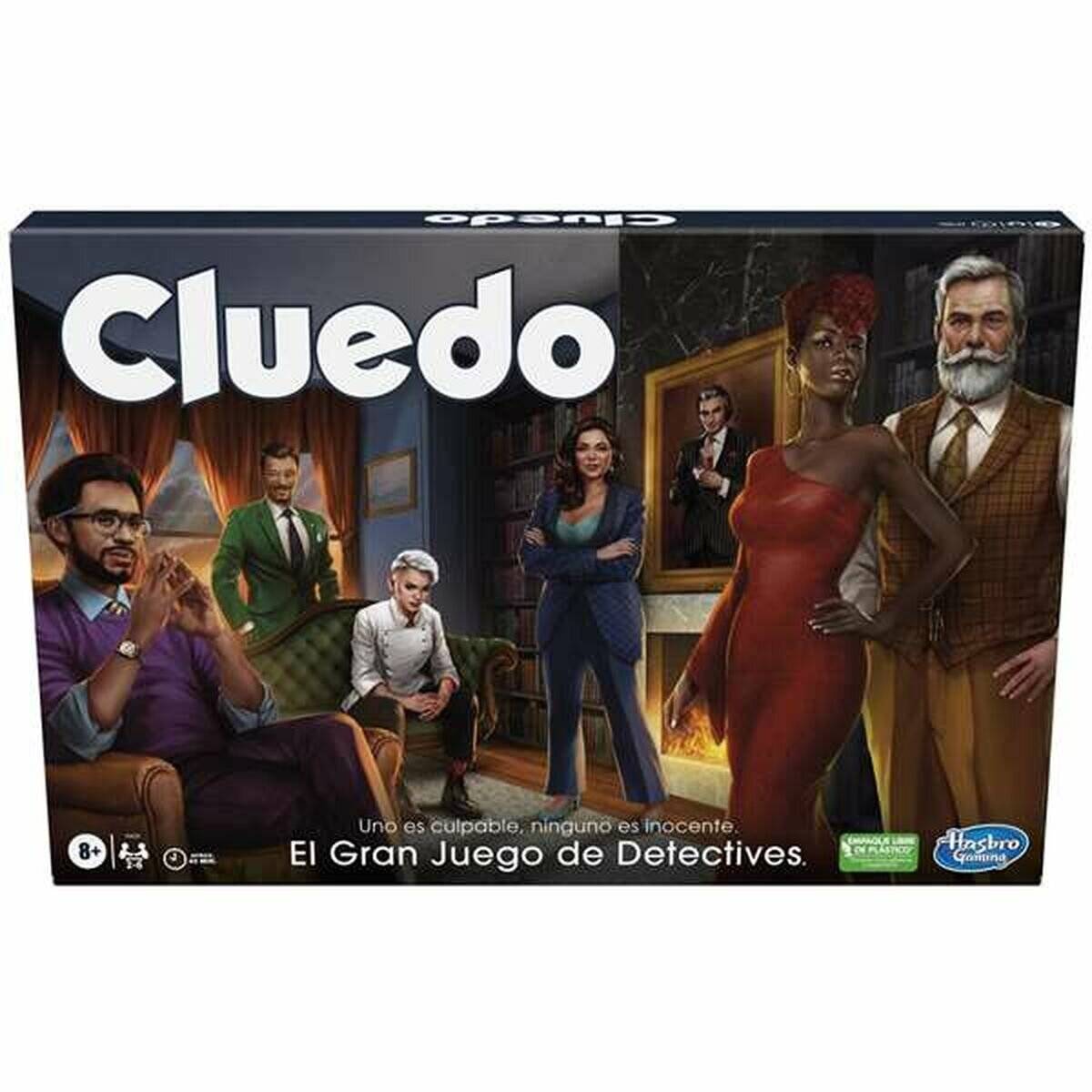 „Cluedo" Brettspiel-Schachtel zeigt sechs vielfältige Charaktere in einer Herrenhaus-Umgebung, was ein Detektiv-Mystery-Thema für Kinder ab 8 Jahren andeutet.