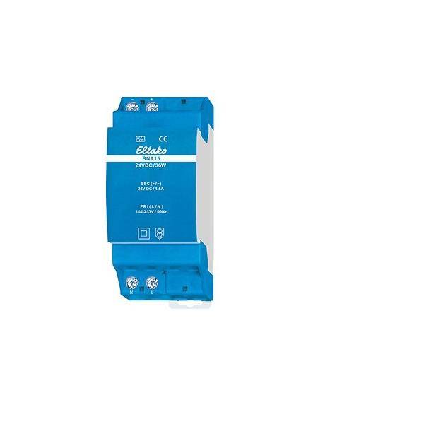 Ein blaues Eltako ESR12NP-230V Relaismodul mit weißem Text zeigt die Spezifikationen: '24V DC/16A' und '230V'.