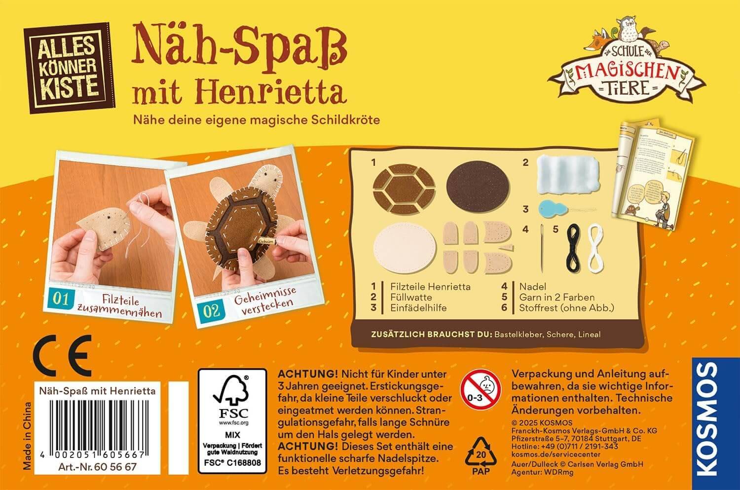 »Nähen mit Henrietta« Set. Bild von Nähzubehör, einschließlich Filzstücke und Faden. Der Text besagt, dass es nicht für Kinder unter 3 Jahren geeignet ist. FSC-zertifiziert.