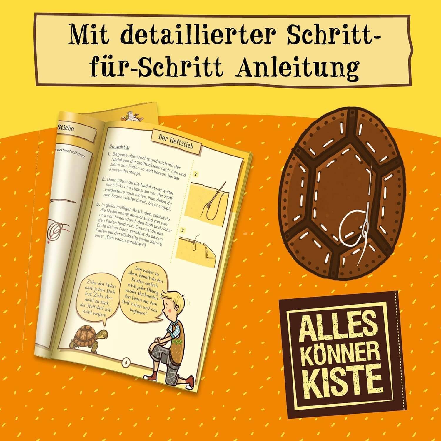 Aufgeschlagenes Buch mit Schritt-für-Schritt-Bastelanleitungen und Illustrationen. Deutscher Text lautet „Mit detaillierter Schritt-für-Schritt Anleitung