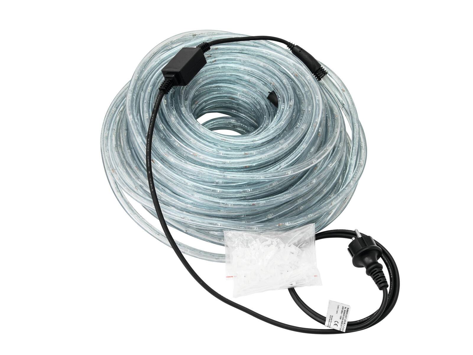 „Ein aufgewickeltes LED-Seilrlicht mit transparenter Kunststoffabdeckung, angebrachtem Stromkabel und einer kleinen Kunststofftasche mit Montageklips und Schrauben.