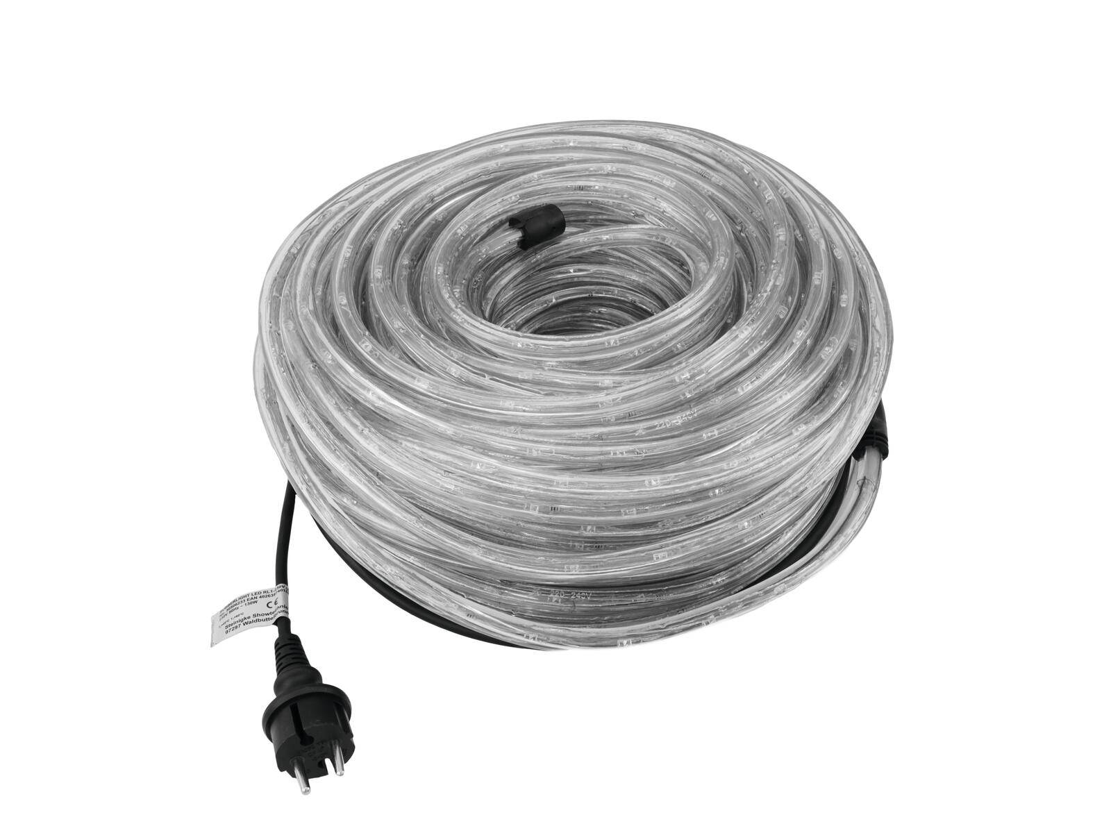 Aufgerolltes, transparentes LED-Seilicht mit schwarzem Stromstecker, geeignet für Dekorationszwecke oder zur Beleuchtung von Räumen.