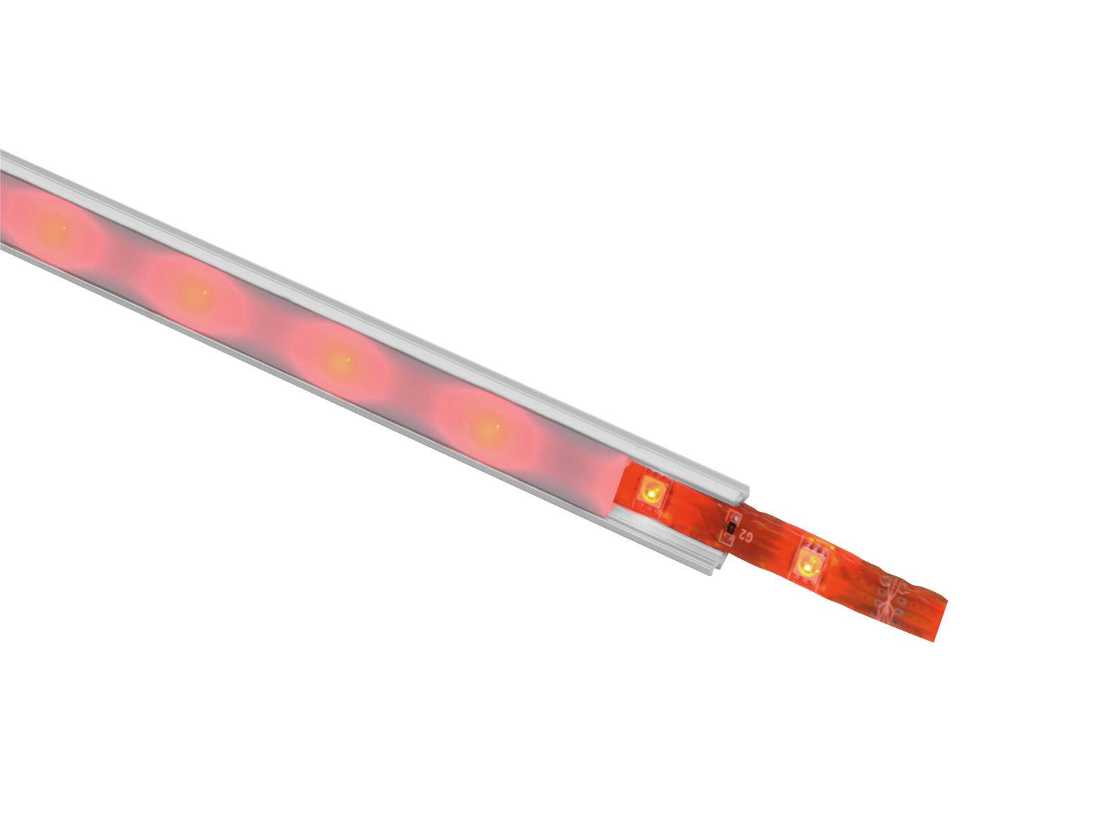 Ein Streifen roter LED-Leuchten, teilweise in einem weißen Kanal eingefasst, auf weißem Hintergrund.