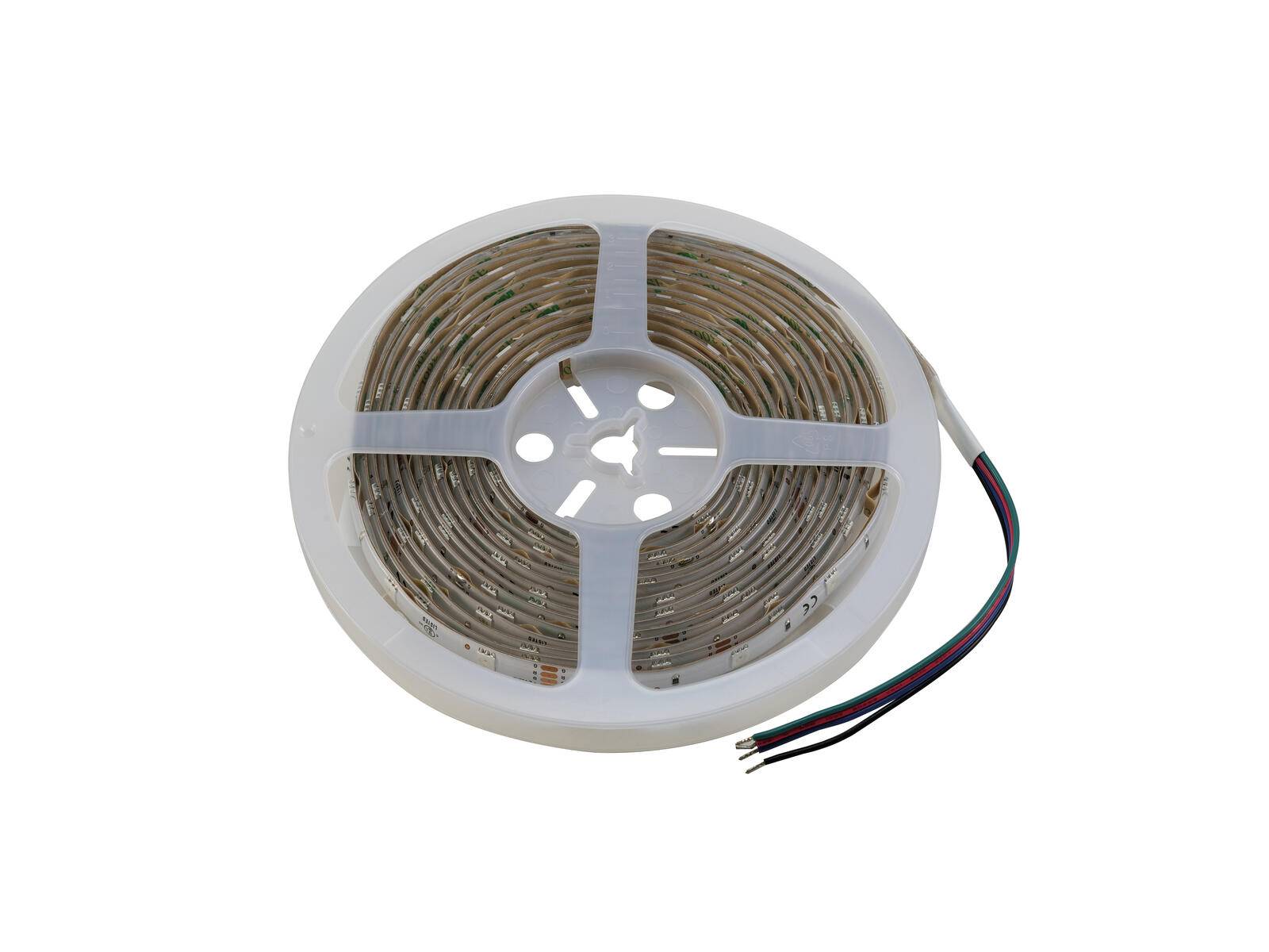 Eine Spule mit LED-Streifenlichtern, aufgewickelt auf einer Kunststoffspule, mit freiliegenden Drähten an einem Ende.