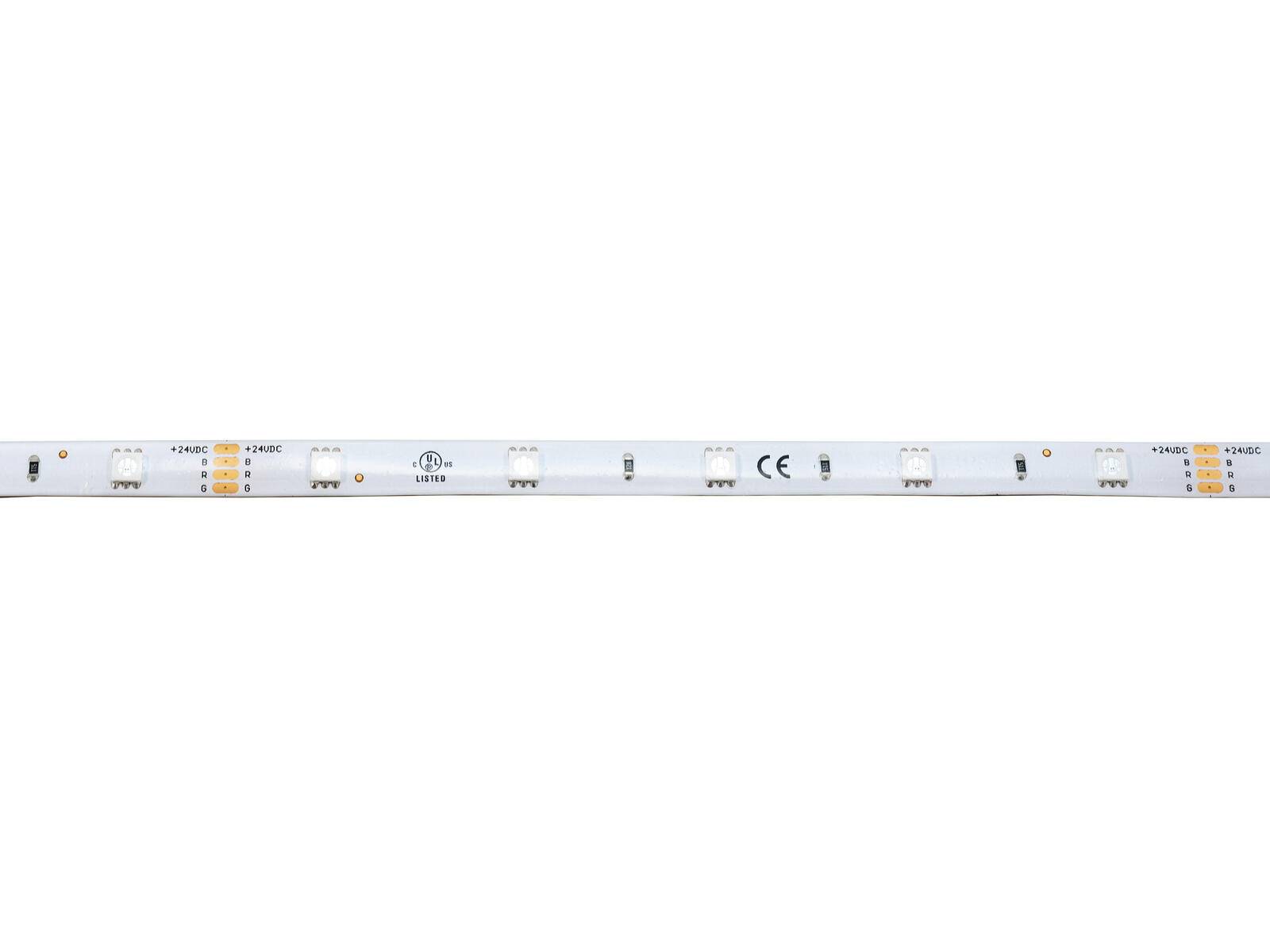 Ein weißes LED-Streifenlicht mit Abschnitten, die durch kleine Steckverbinder gekennzeichnet sind und mit „24VDC