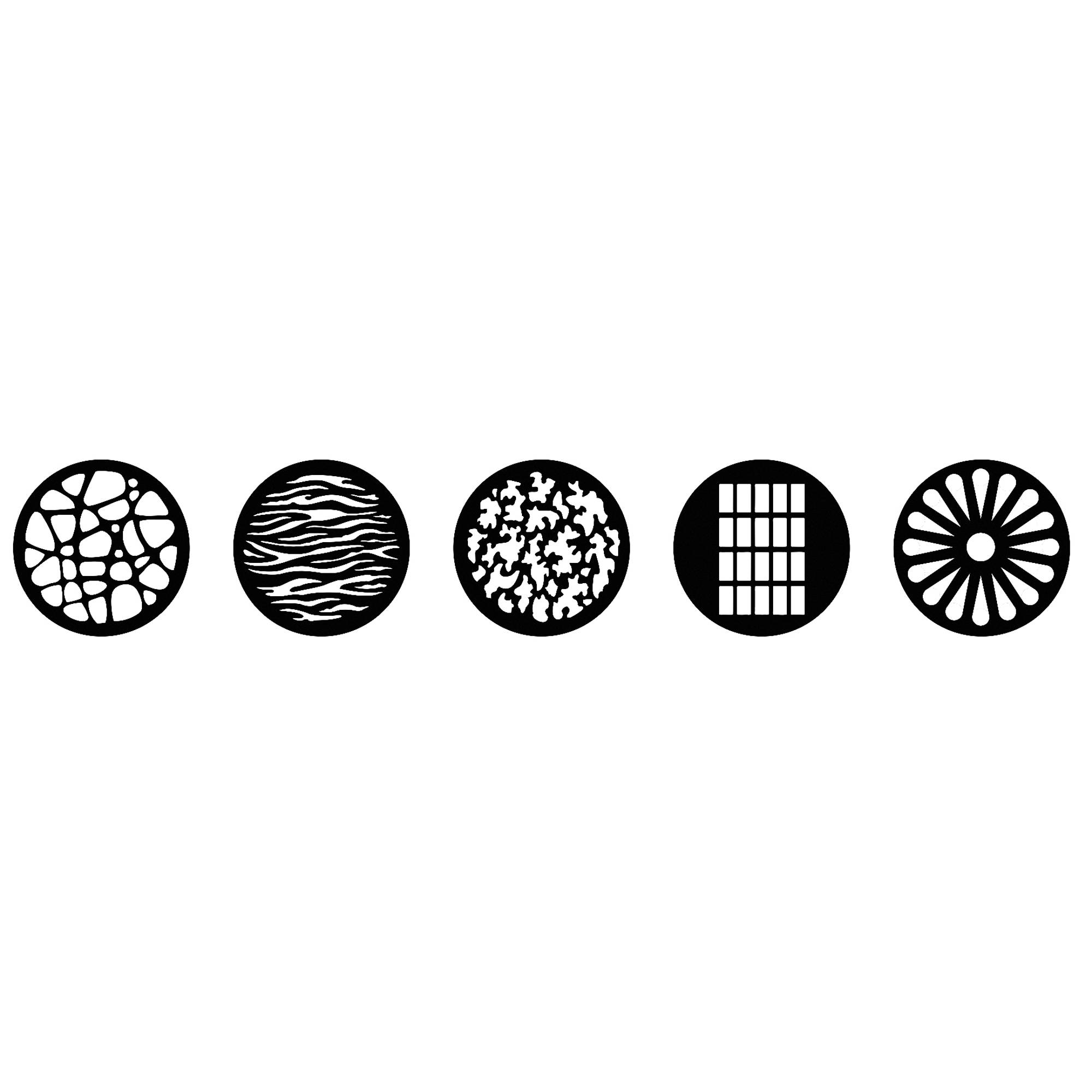 Fünf schwarze kreisförmige Muster, horizontal angeordnet, jedes mit einem eigenständigen abstrakten Design, bestehend aus Linien, Gittern und Formen.