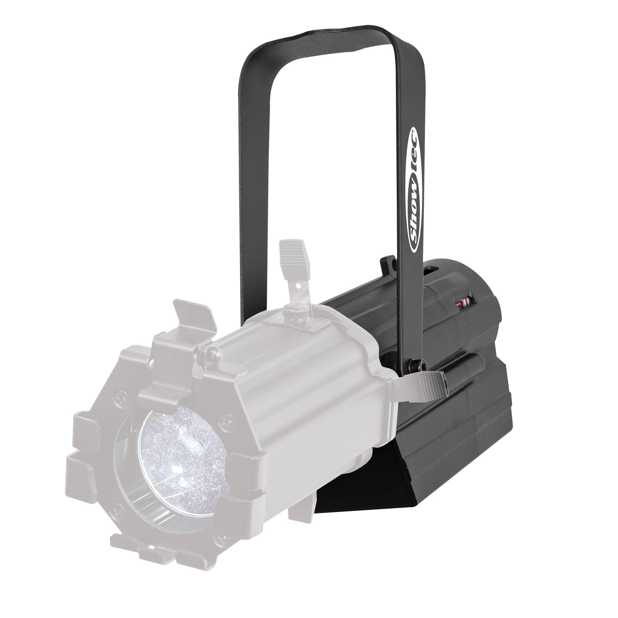 Ein professioneller LED-Scheinwerfer mit Griff, ausgestattet mit einer robusten schwarzen Gehäuse und einer vorderen Linse, verwendet für Bühnenlicht.