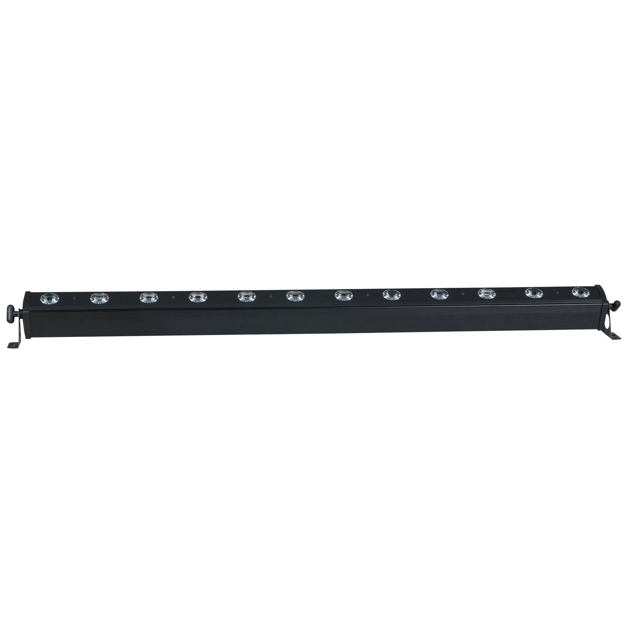 Ein langer schwarzer LED-Lichtleiste mit mehreren kreisförmigen Lichtern, die gleichmäßig über ihre Länge verteilt sind, vor einem schwarzen Hintergrund.