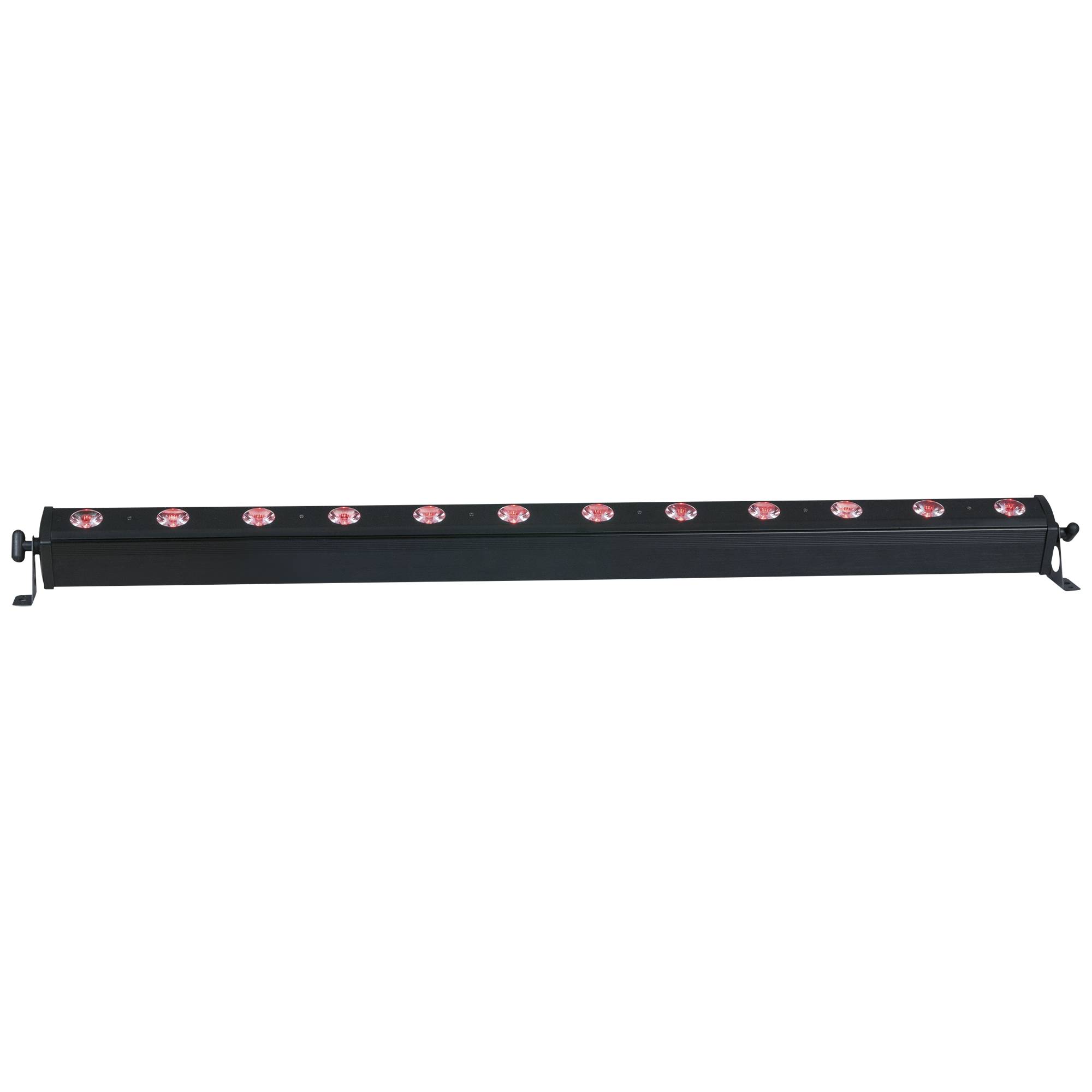 Ein langer, schwarzer LED-Leuchtbalken mit mehreren sichtbaren roten Lichtern entlang seiner Länge, vor schwarzem Hintergrund angebracht.