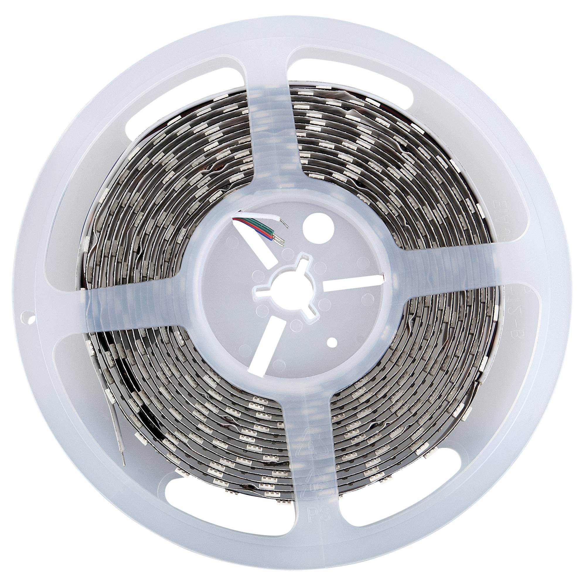 Eine Rolle mit LED-Streiflichtleuchten, die auf einer weißen Spule gegen einen schwarzen Hintergrund aufgewickelt ist.