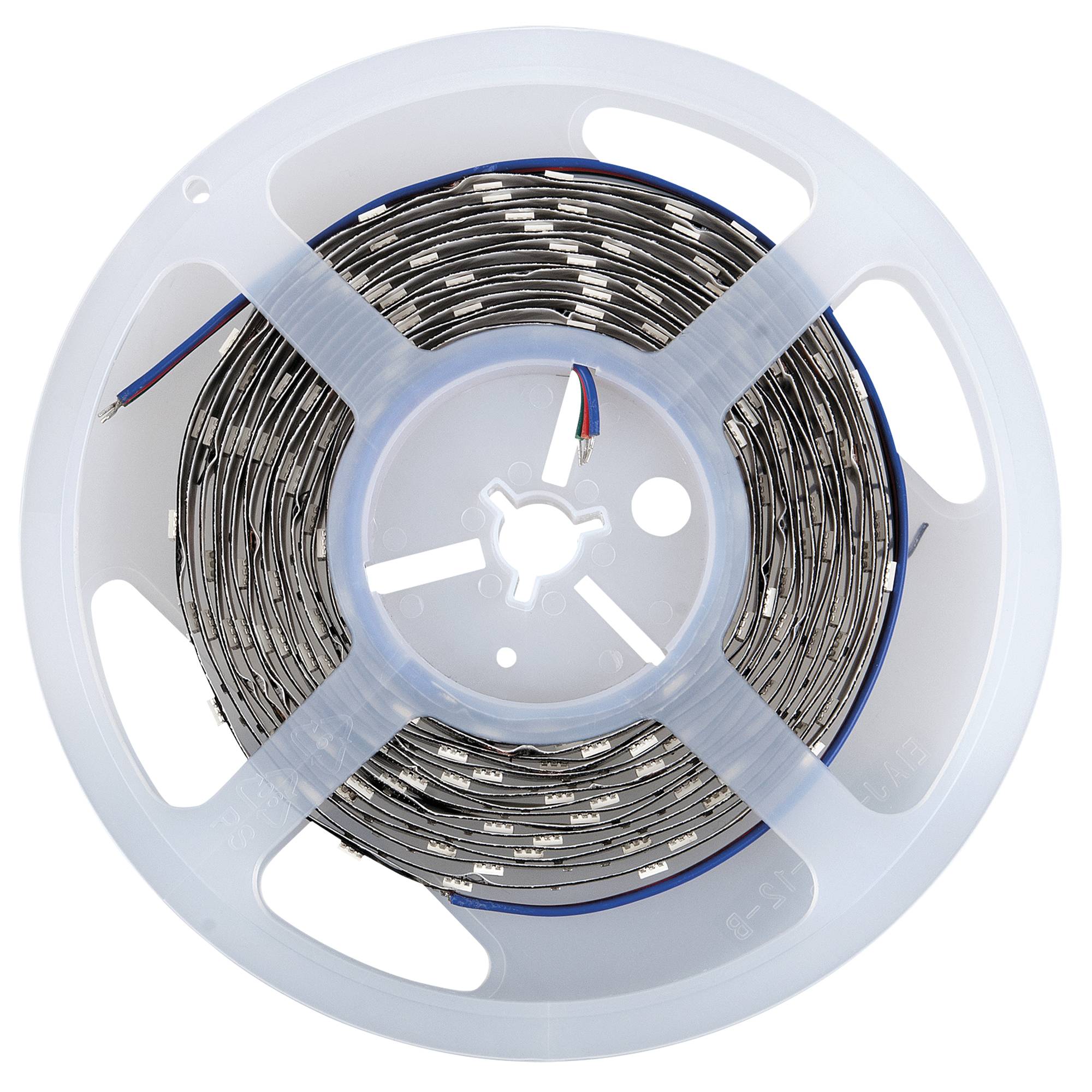 Eine Rolle mit LED-Streifenlichtern, die in einer weißen Kunststoffspule aufgewickelt sind, von oben betrachtet, zeigt die metallischen Kontakte und gleichmäßig verteilten LEDs.