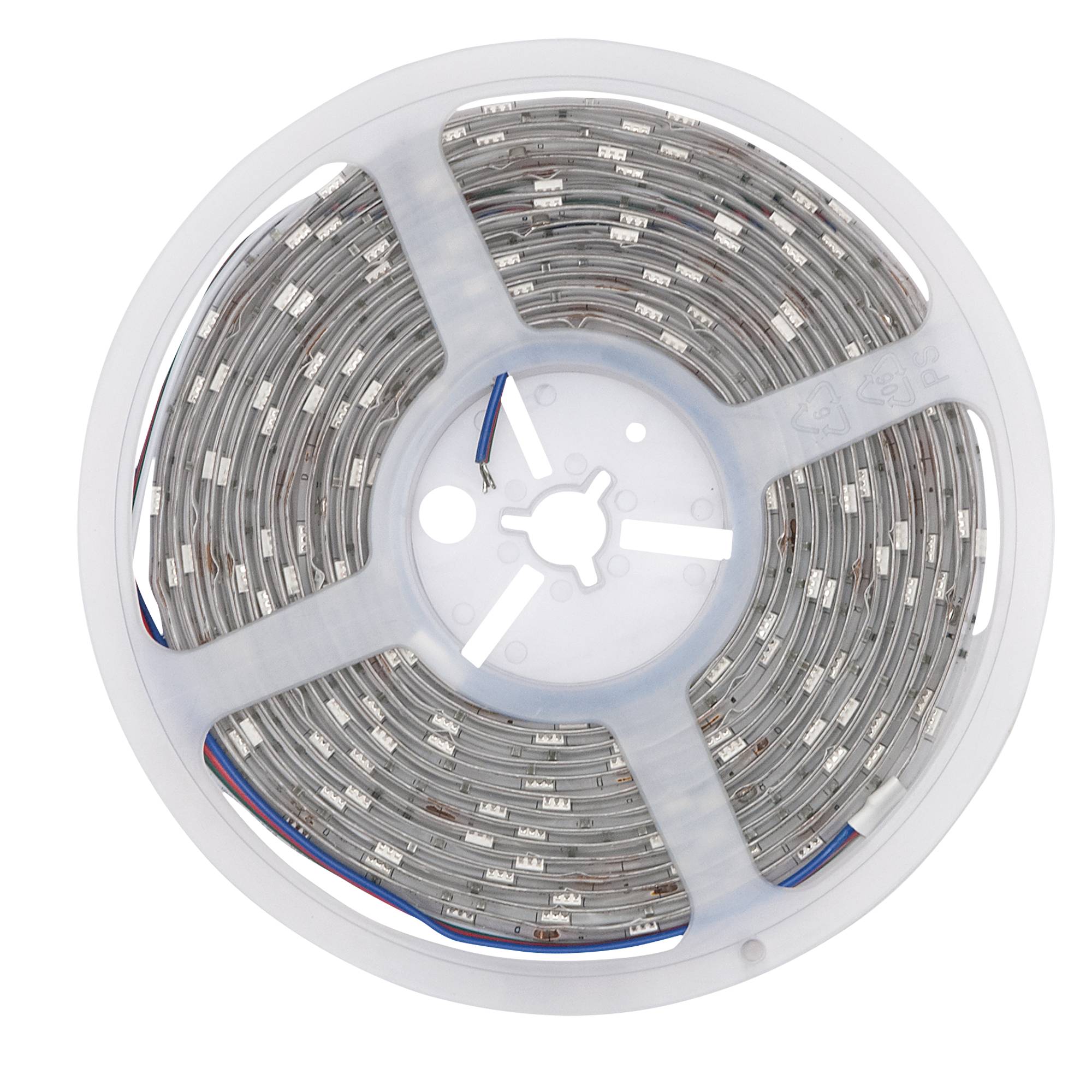 Ein aufgewickelter Streifen von LED-Lichtern, eingeschlossen auf einer kreisförmigen Kunststoffspule, mit sichtbaren Anschlüssen und Verdrahtung.