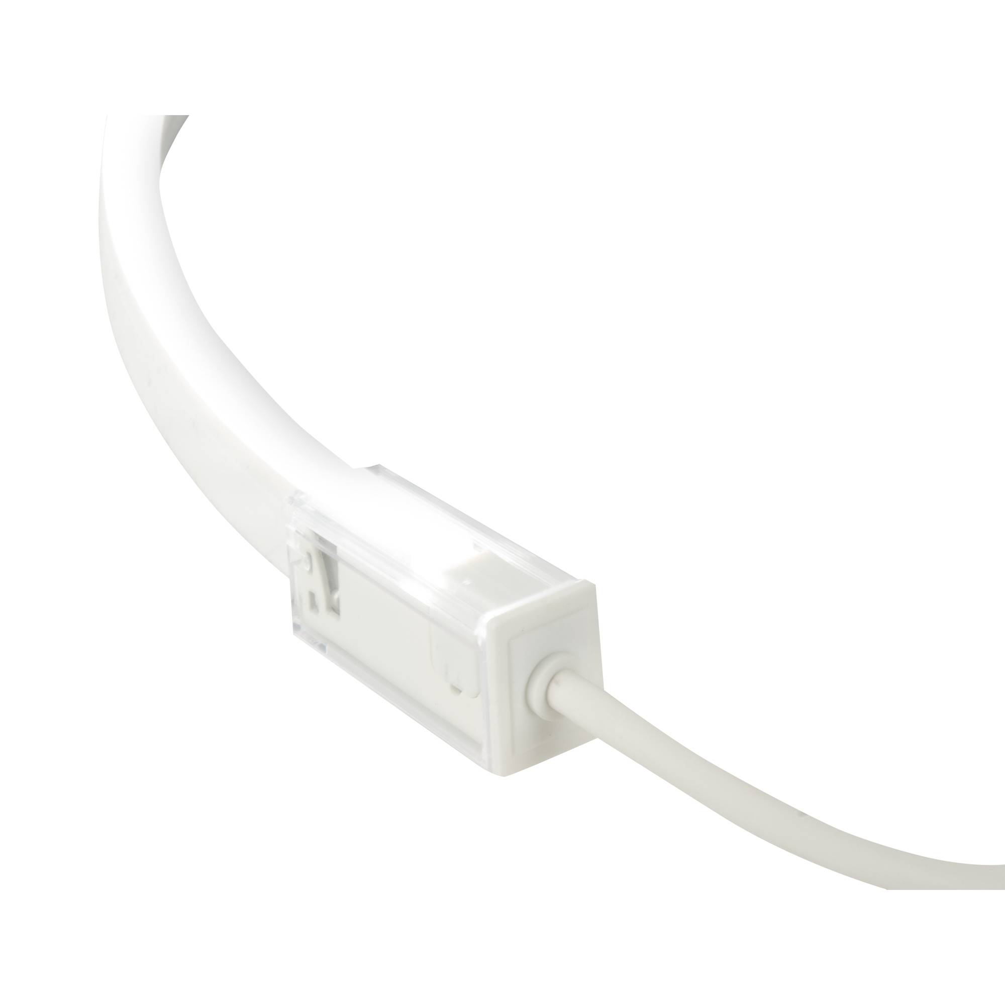 Ein weißer LED-Lichtstreifen mit angeschlossenem Controller, der ein modernes Design für Beleuchtungslösungen hervorhebt.