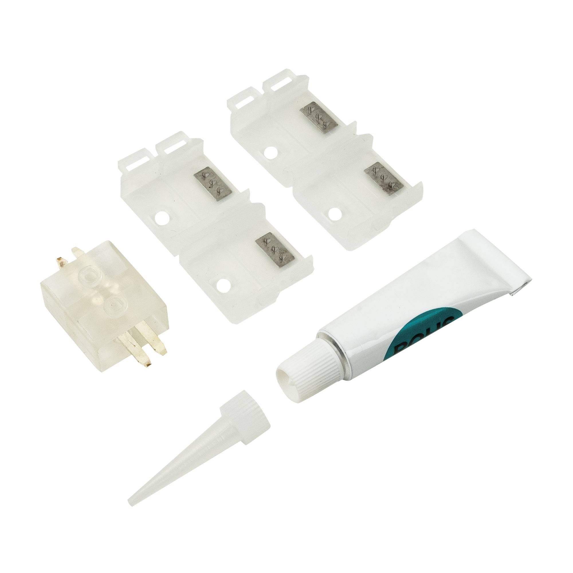 Ein Elektronik-Steckverbinder-Set mit einem Kunststoff-Steckverbindergehäuse, einer Klebstofftubes und einer Düse, angeordnet auf schwarzem Hintergrund.