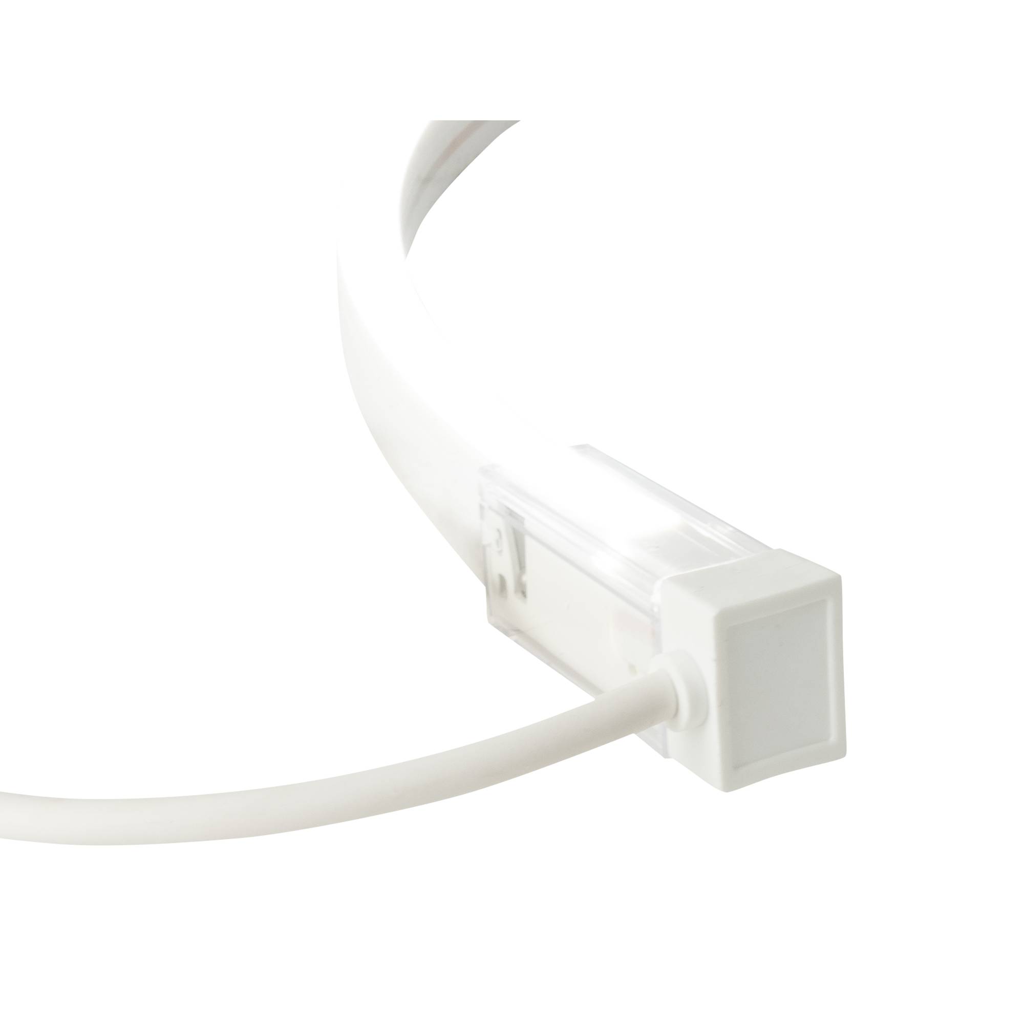 Ein weißes, rechteckiges Kunststoffobjekt mit einem gekrümmten Rohr, das sich vor schwarzem Hintergrund von ihm erstreckt.