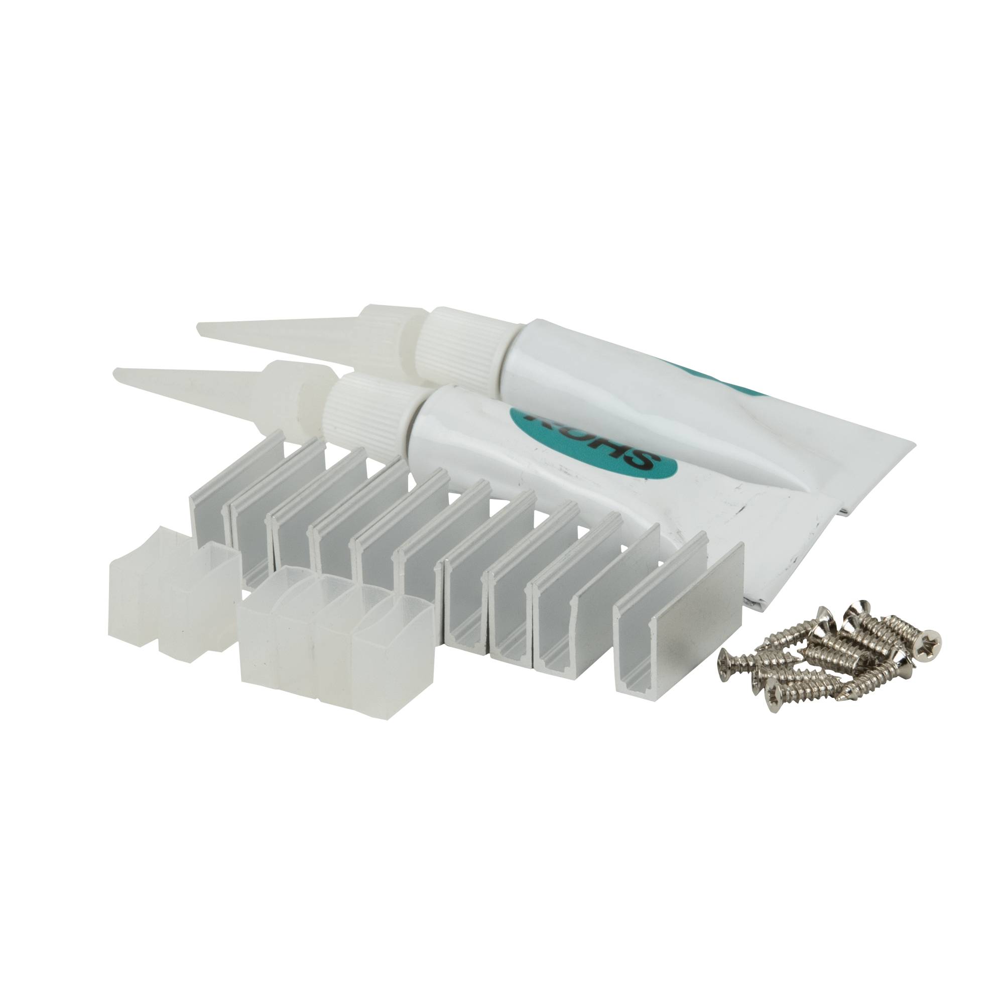 Kunststoff-Wandhaken mit Klebestreifen, Schrauben und Leimtuben auf schwarzem Hintergrund. Geeignet zum Aufhängen leichter Gegenstände.