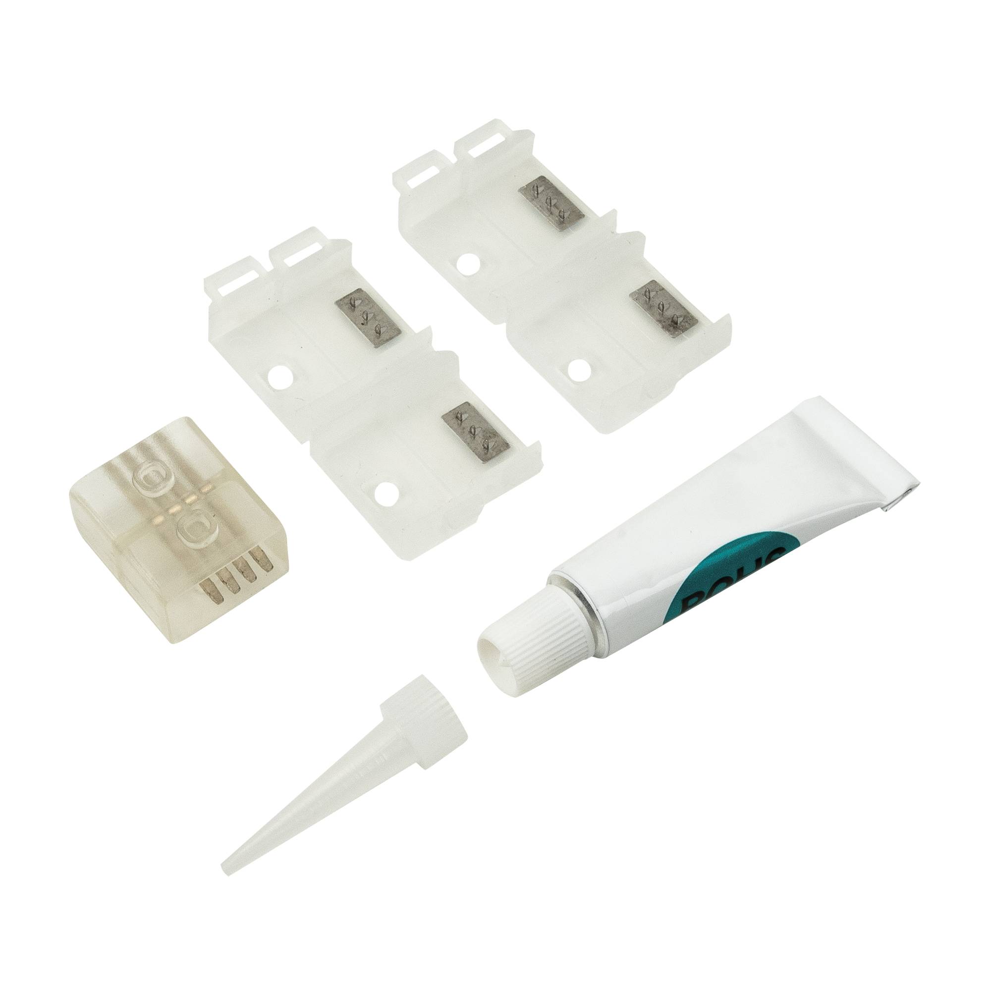 Ein Elektrostecker-Set mit zwei weißen Drahtverbindern, einem durchsichtigen Klemmblock, einer kleinen Tube Klebstoff und einer Düse.