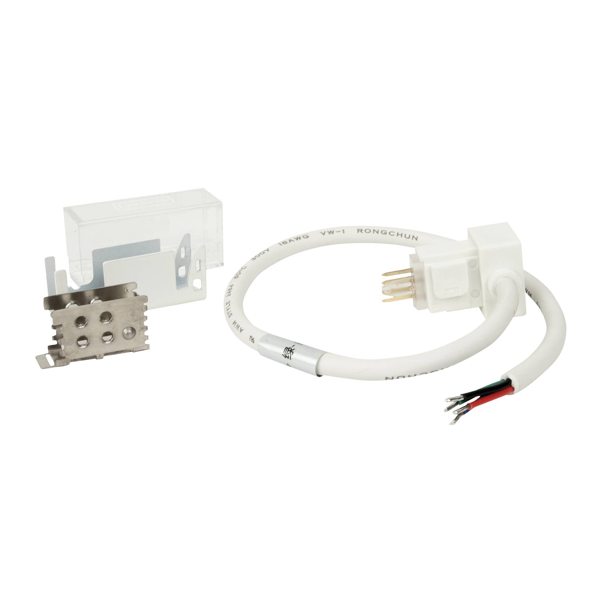 Ein rechteckiges Metallhalter und ein weißes kreisförmiges Kabel mit freigelegten Drähten auf schwarzem Hintergrund.