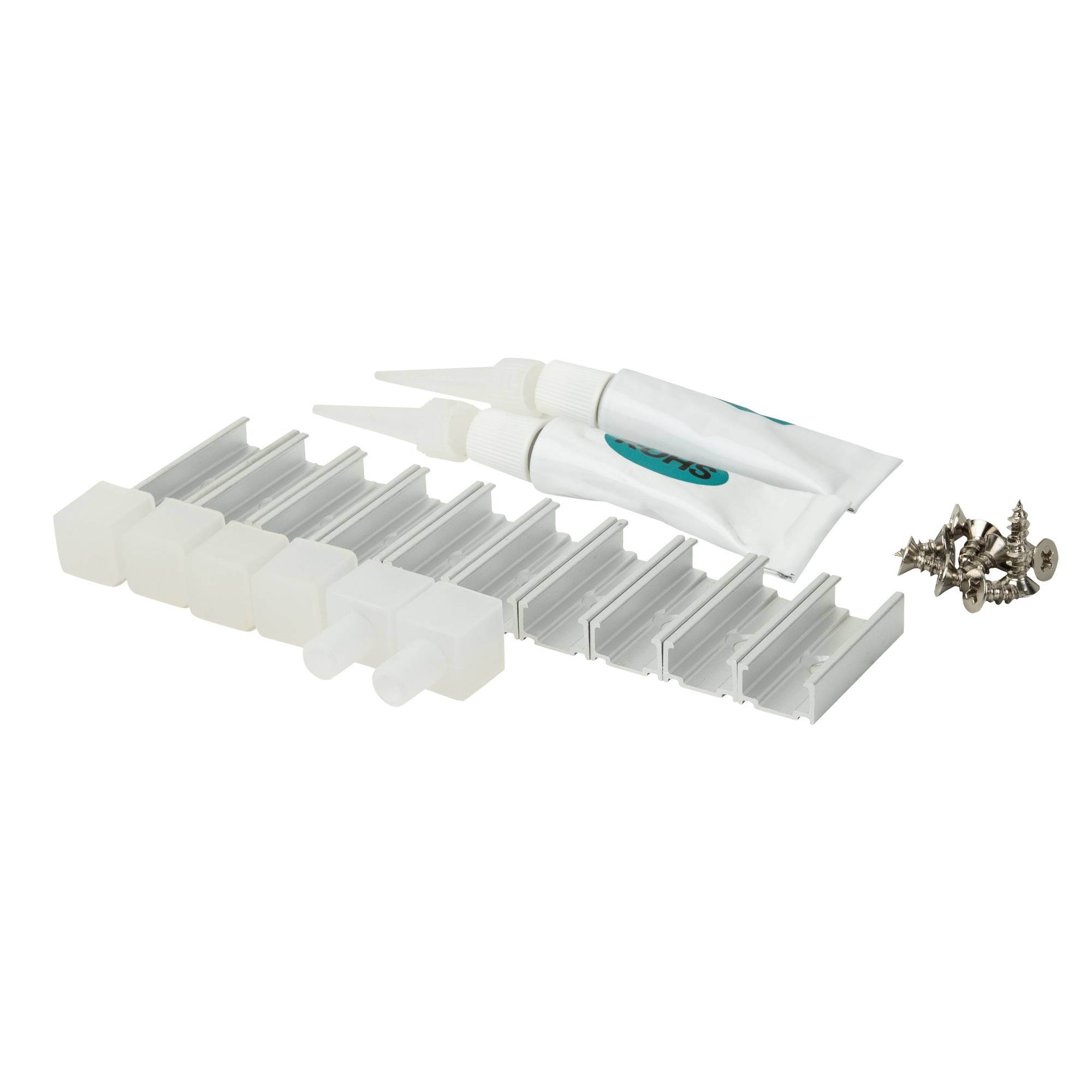 Wandmontageset mit Ankern, Schrauben und Klebstofftuben auf schwarzem Hintergrund.