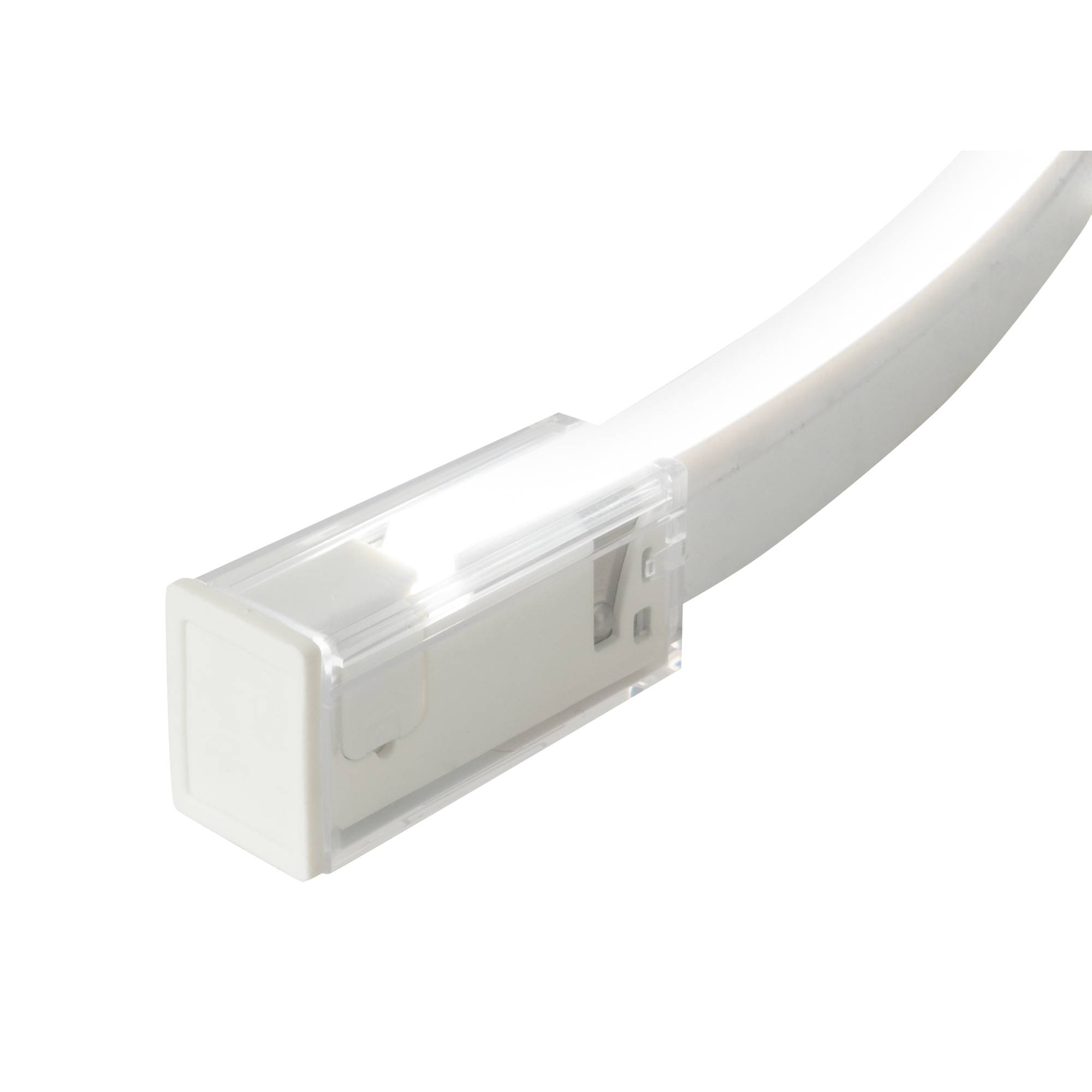 Ein gekrümmtes, weißes Kunststoffobjekt mit einer rechteckigen Befestigung an einem Ende. Der Gegenstand könnte eine elektrische oder Haushaltskomponente sein.