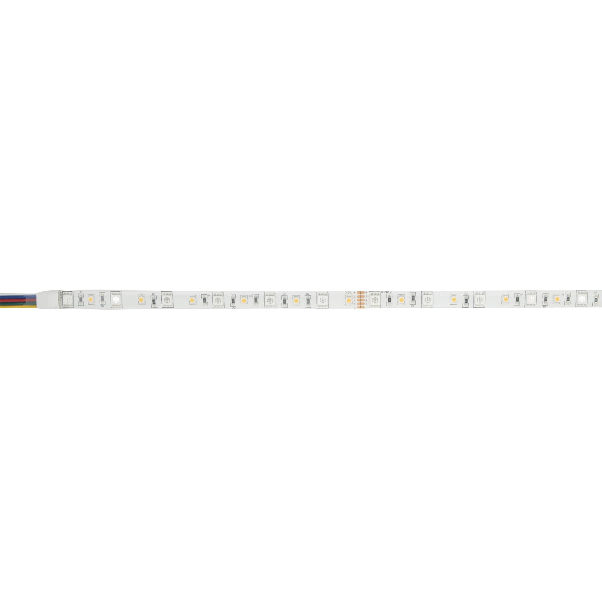 Ein linearer LED-Lichtstreifen vor schwarzem Hintergrund mit mehreren kleinen, gleichmäßig verteilten Leuchtdioden (LEDs).