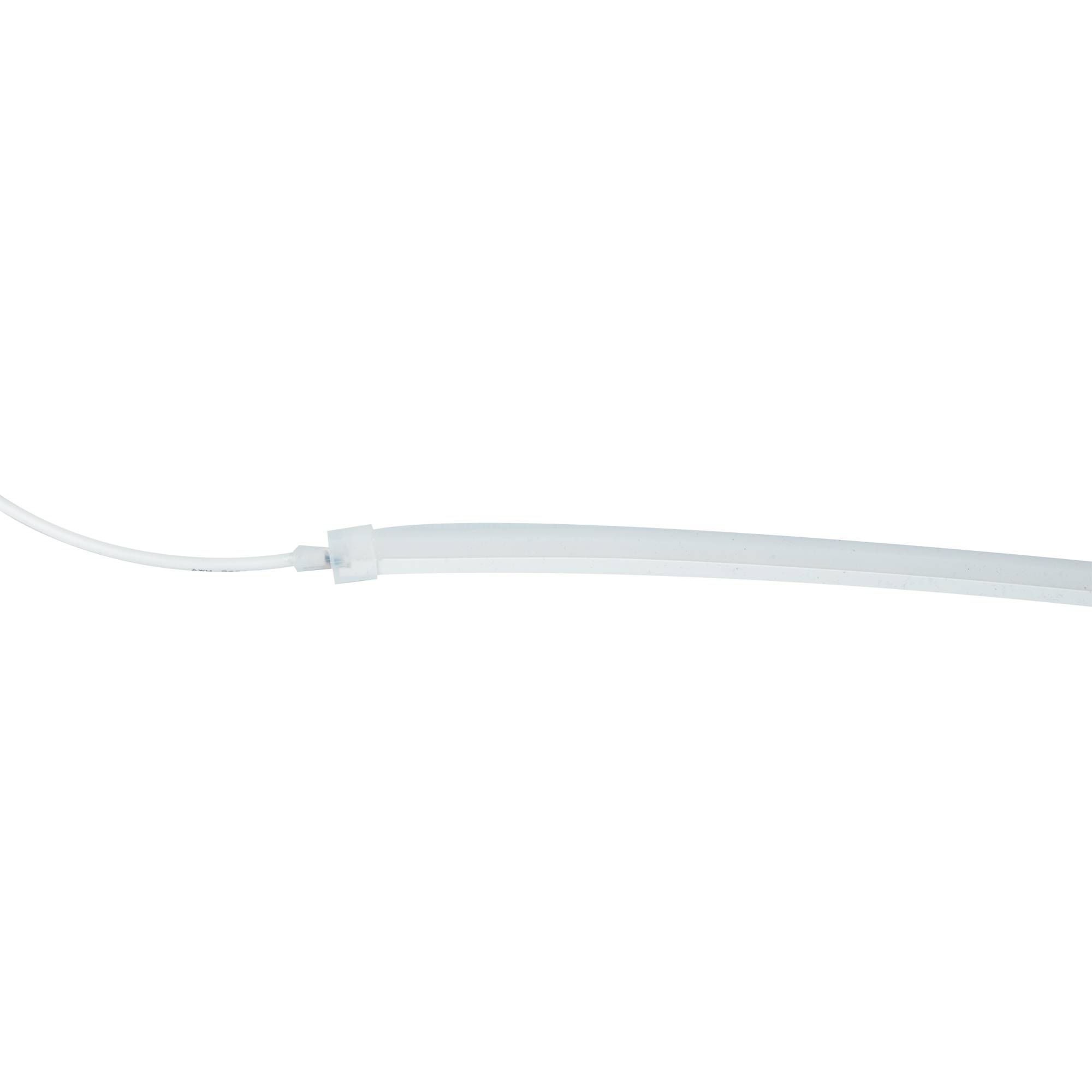 Ein einzelnes weißes Kabelbinder gegen einen schlichten schwarzen Hintergrund, mit seinem Schwanz ausgestreckt.