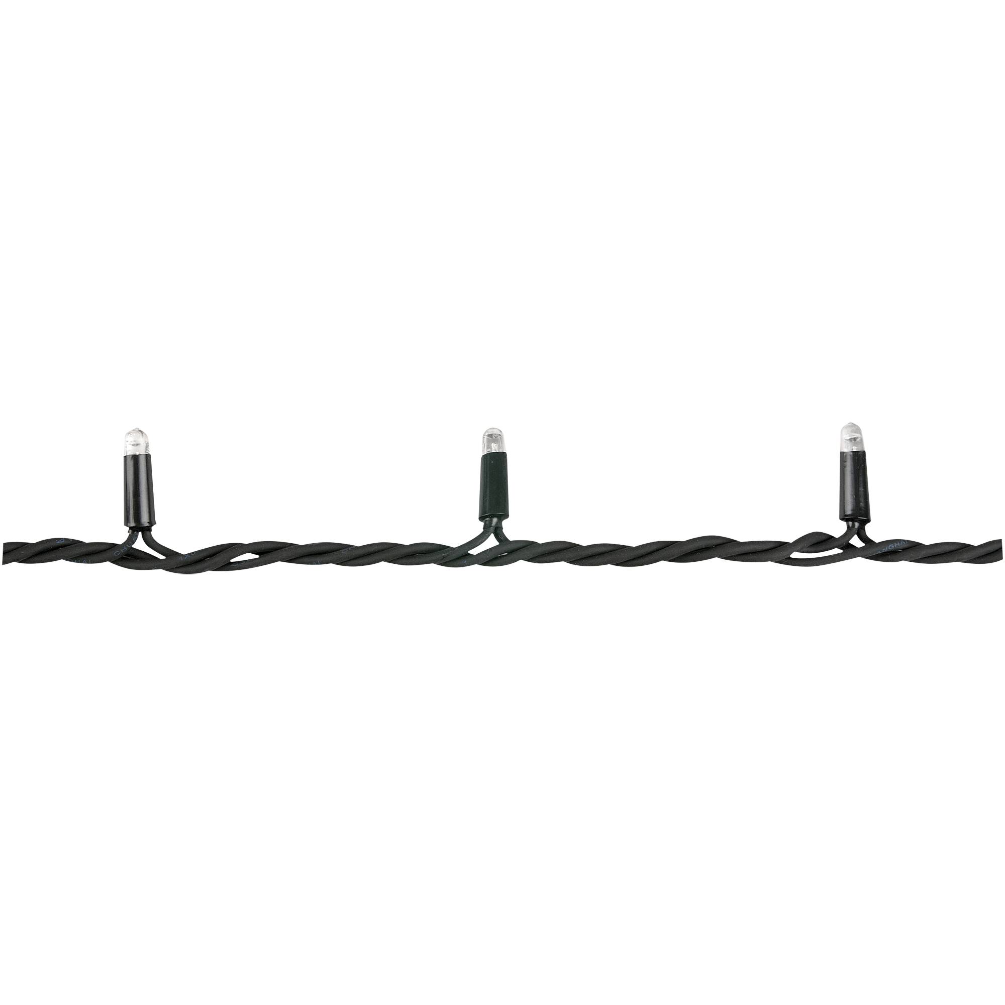 Ein schwarzes Kabel mit gleichmäßig verteilten kleinen LED-Leuchten vor schwarzem Hintergrund; minimalistisches Design, das sich auf die Anordnung der Lichter konzentriert.