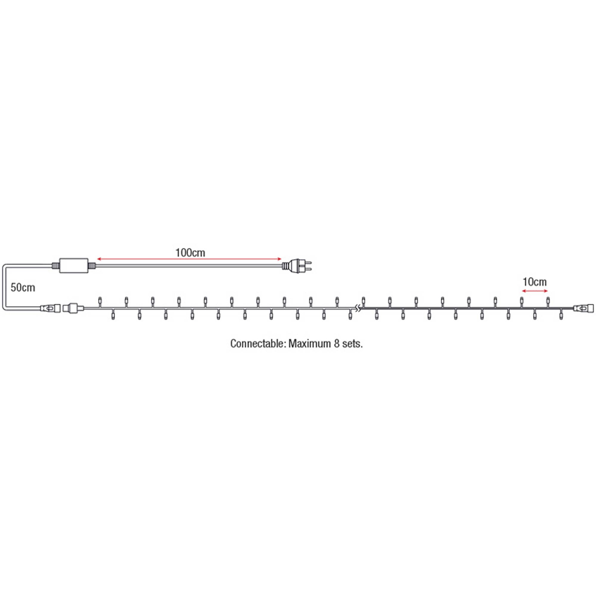 Diagramm eines verbindbaren LED-Lichterketten-Sets mit einer maximalen Länge von 100 cm, mit gleichmäßig verteilten Lichtern alle 10 cm. Maximal 8 Sets verbindbar.
