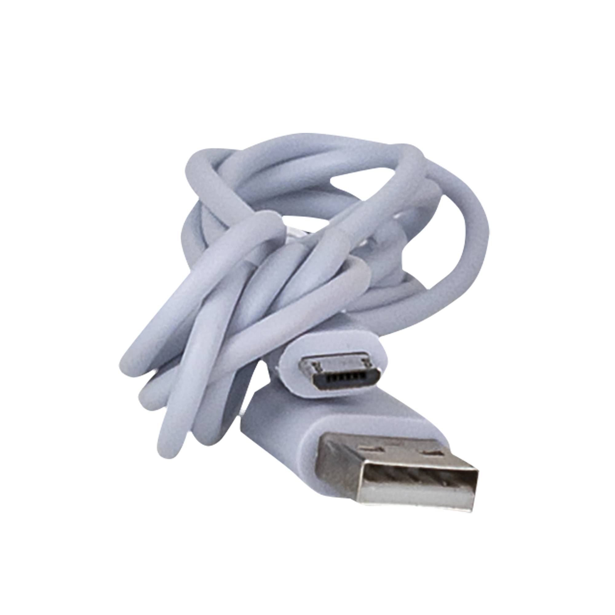 Ein weißes USB-Kabel in einem Knoten verwickelt vor schwarzem Hintergrund.