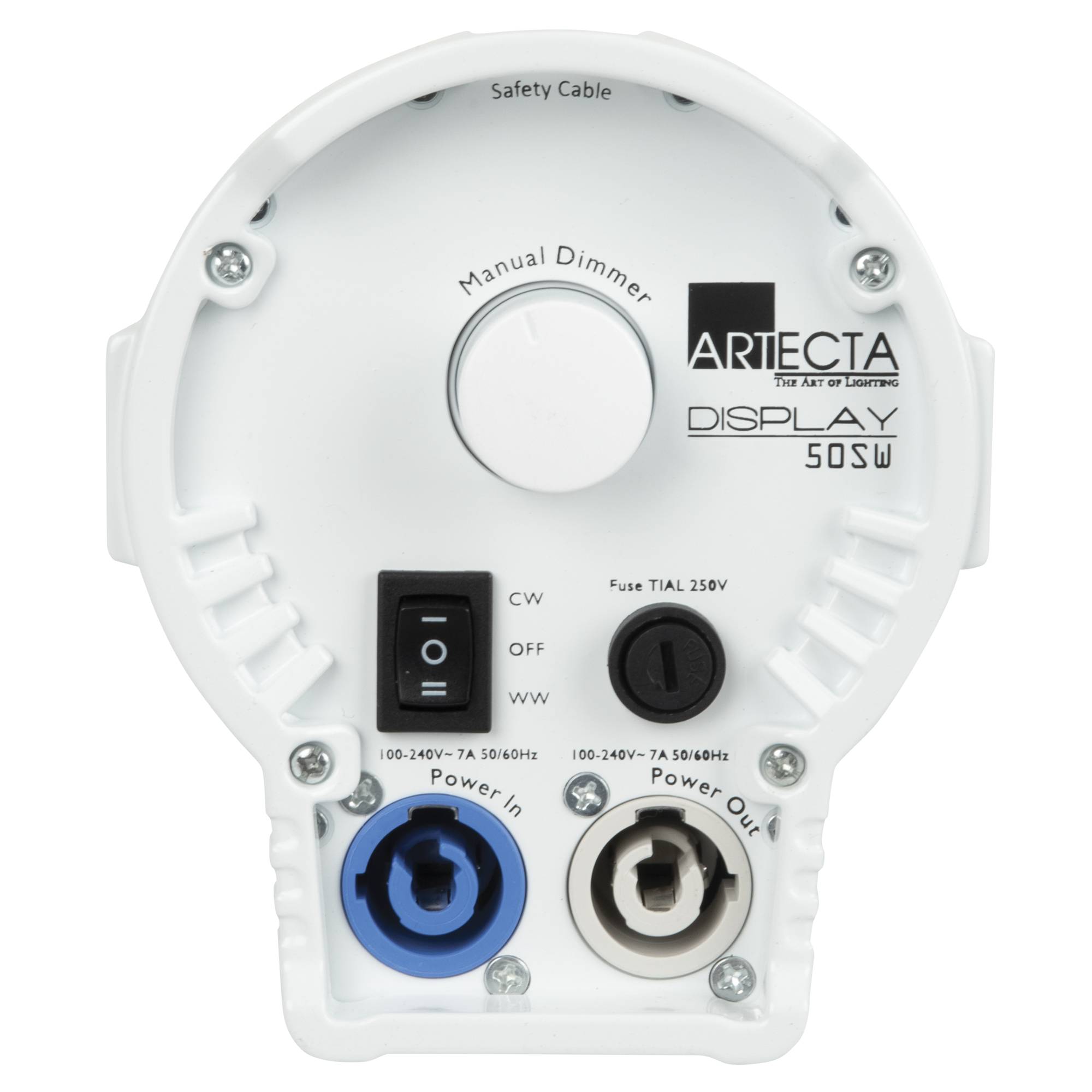 Steuerfeld einer weißen LED-Bühnenleuchtenserie mit Stromeingangszuleitung, manueller Dimmerschieber, Sicherheitskabel und Artista Display 50SW Branding.