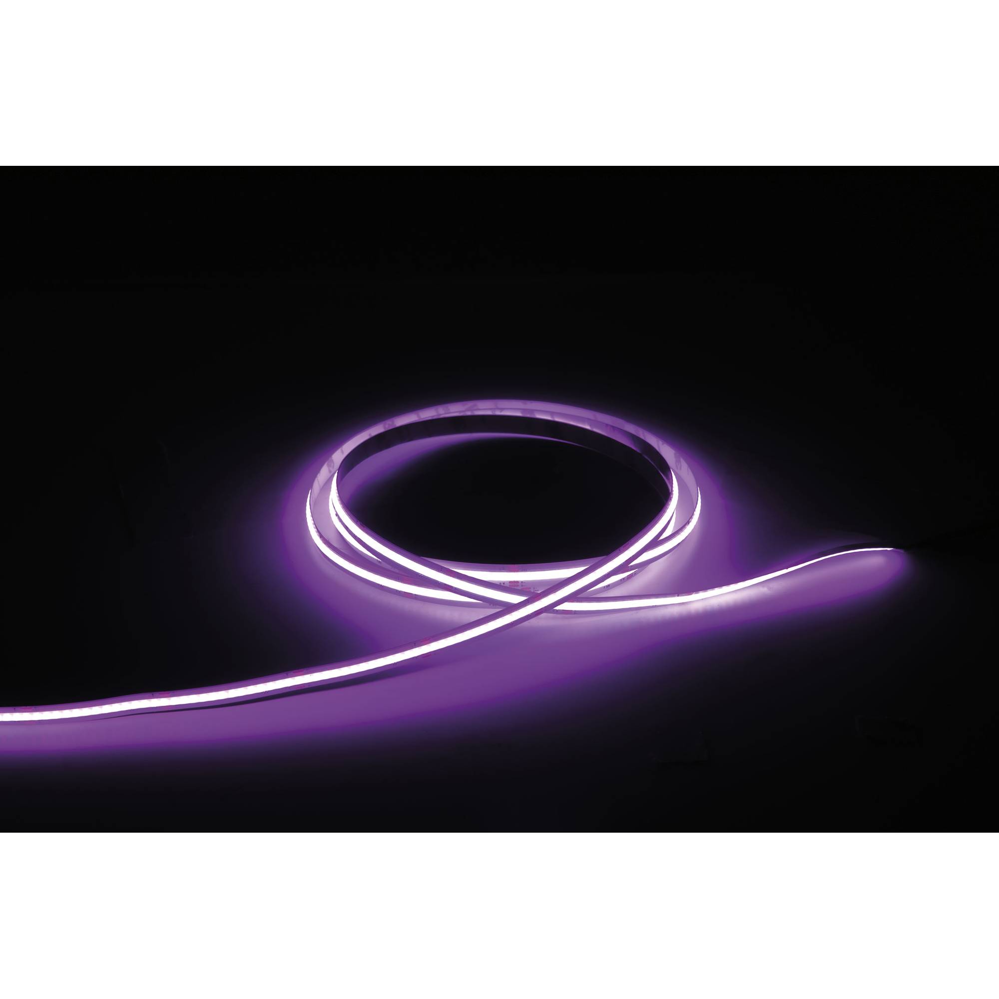 Ein aufgerolltes LED-Band gibt ein weiches violettes Licht gegen einen dunklen Hintergrund ab und hebt seine Flexibilität und helle Ausleuchtung hervor.