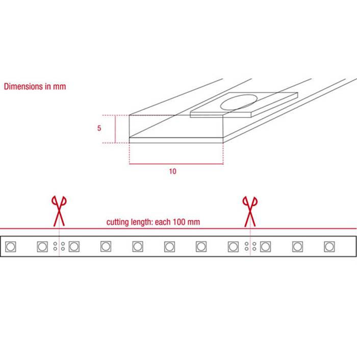 Diagramm, das einen LED-Streifen mit markierten Schneidpunkten alle 100 mm zeigt. Die Abmessungen werden mit 10 mm Breite und 5 mm Höhe angegeben.