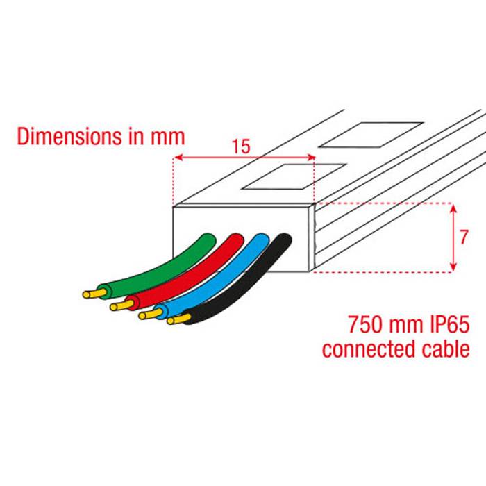 Elektrokabeldiagramm mit fünf farbigen Drähten: gelb, grün, rot, schwarz und blau. Abmessungen: 15 mm Breite, 7 mm Höhe, 750 mm Kabellänge.