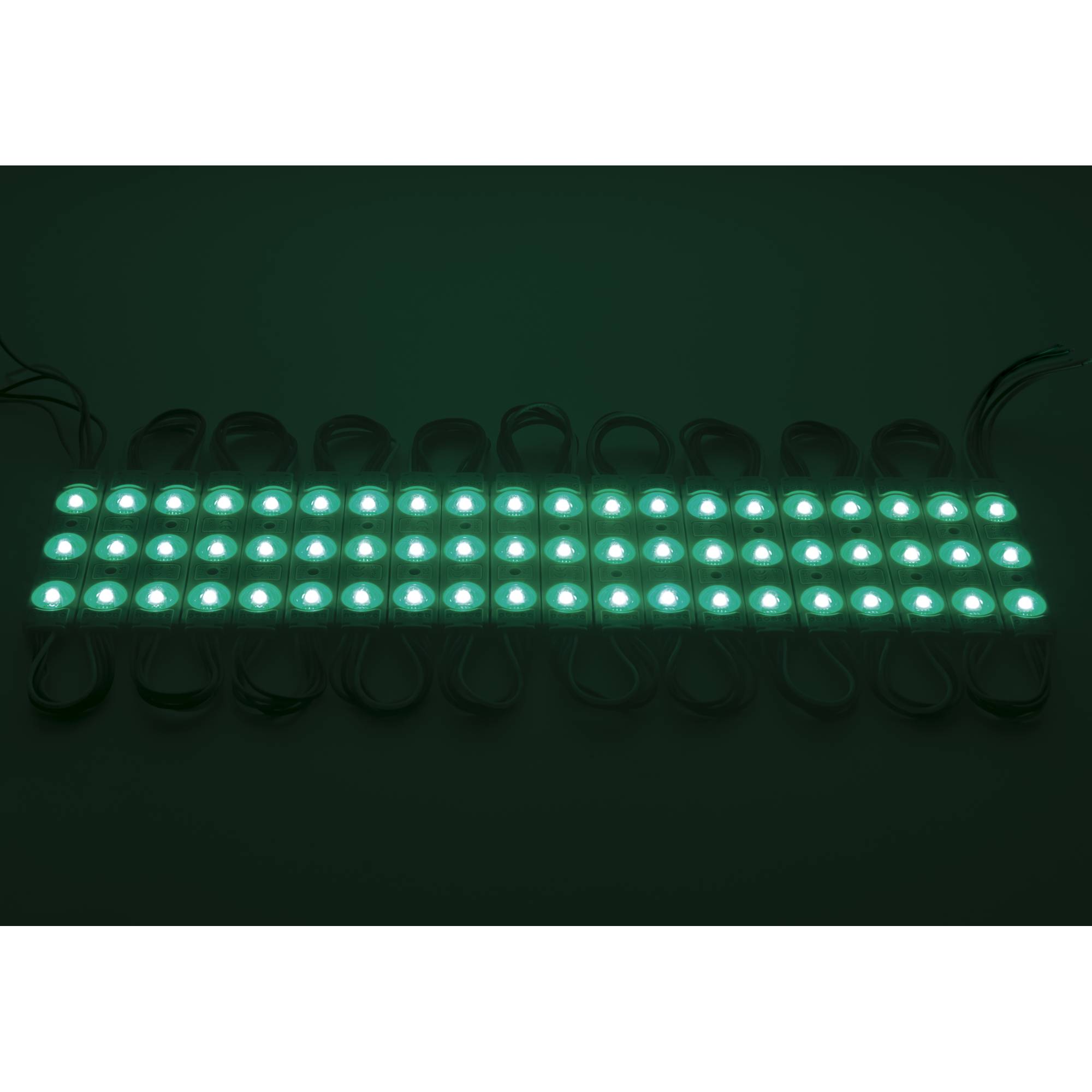 Eine Reihe grüner LED-Lichter in einem Gittermuster angeordnet, die gegen einen dunklen Hintergrund leuchten.