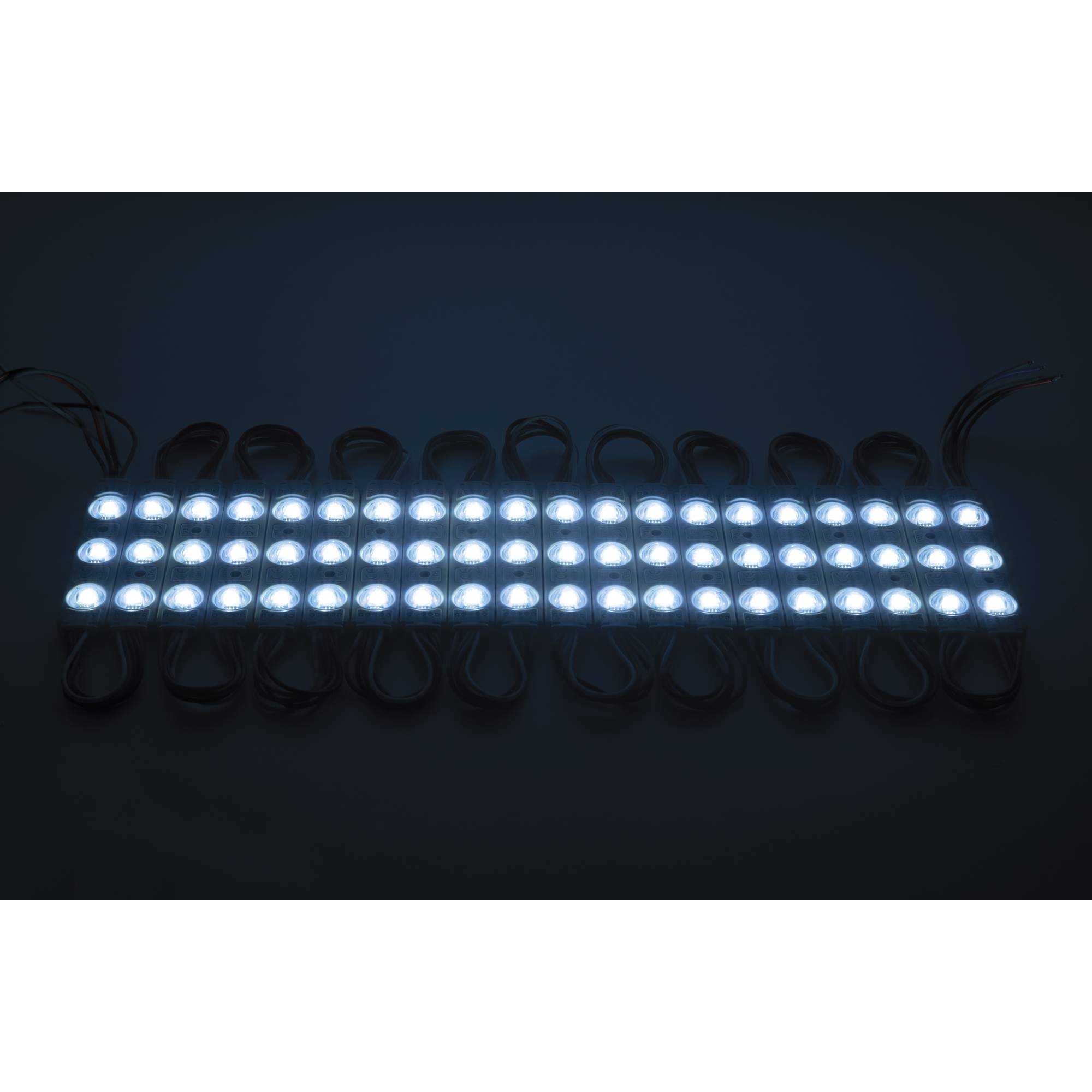 Ein flaches Array von tiefblauen LED-Lichtern, die in parallelen Linien angeordnet sind und von Drähten gegen einen dunklen Hintergrund umgeben sind.
