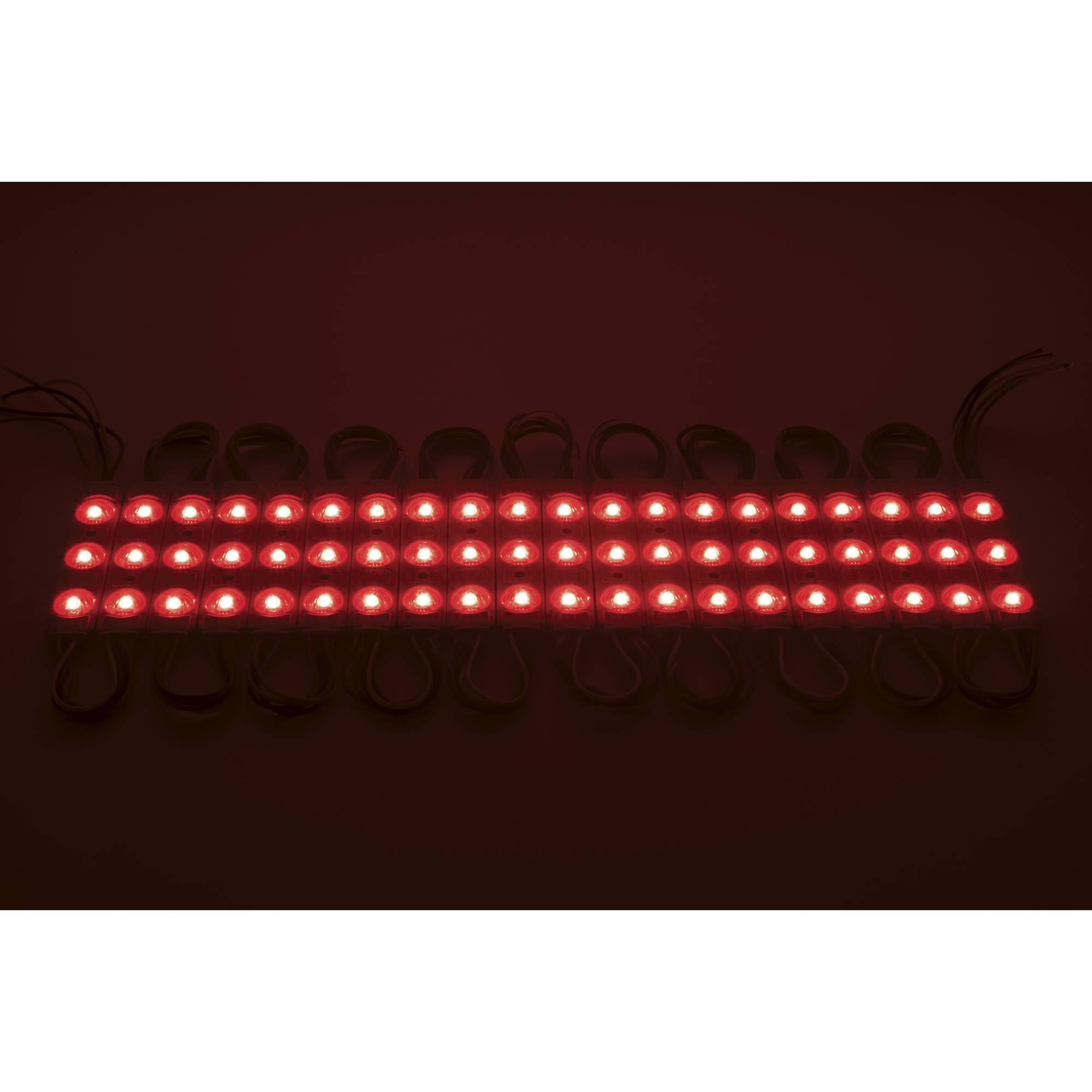 Anordnung von roten LED-Leuchten in einem rechteckigen Rastermuster mit sichtbaren Verbindungskabeln, die hell gegen einen dunklen Hintergrund leuchten.