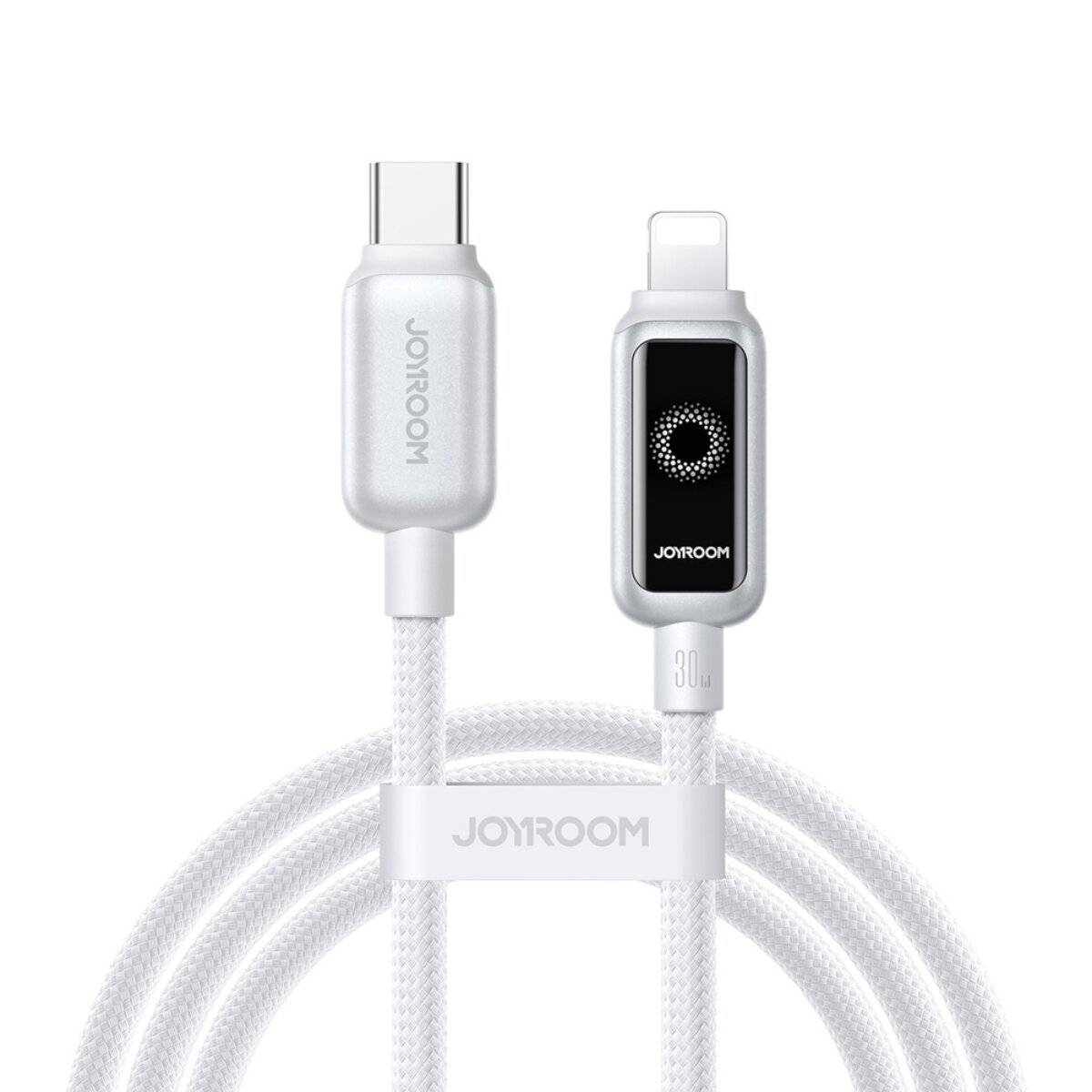 Ein weißes USB-C-auf-Lightning-Ladekabel von JOYROOM mit einem kleinen digitalen Display am Lightning-Ende, das den Ladestatus anzeigt.
