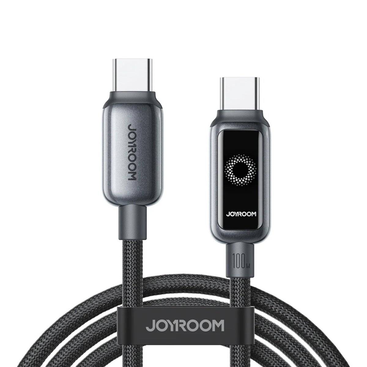 Zwei geflochtene USB-C-Ladekabel mit metallischen Anschlüssen; eines verfügt über ein digitales Display am Anschluss. Marke: Joyroom.