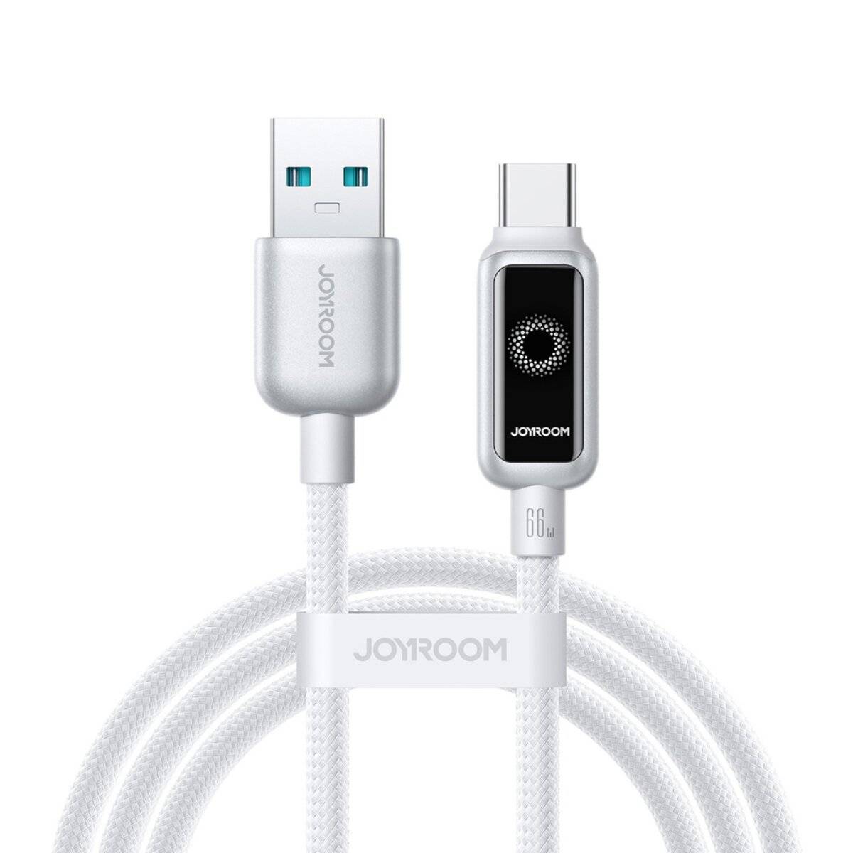 Ein USB-zu-USB-C-Kabel mit gewebter Ummantelung, beschriftet mit „JOYROOM