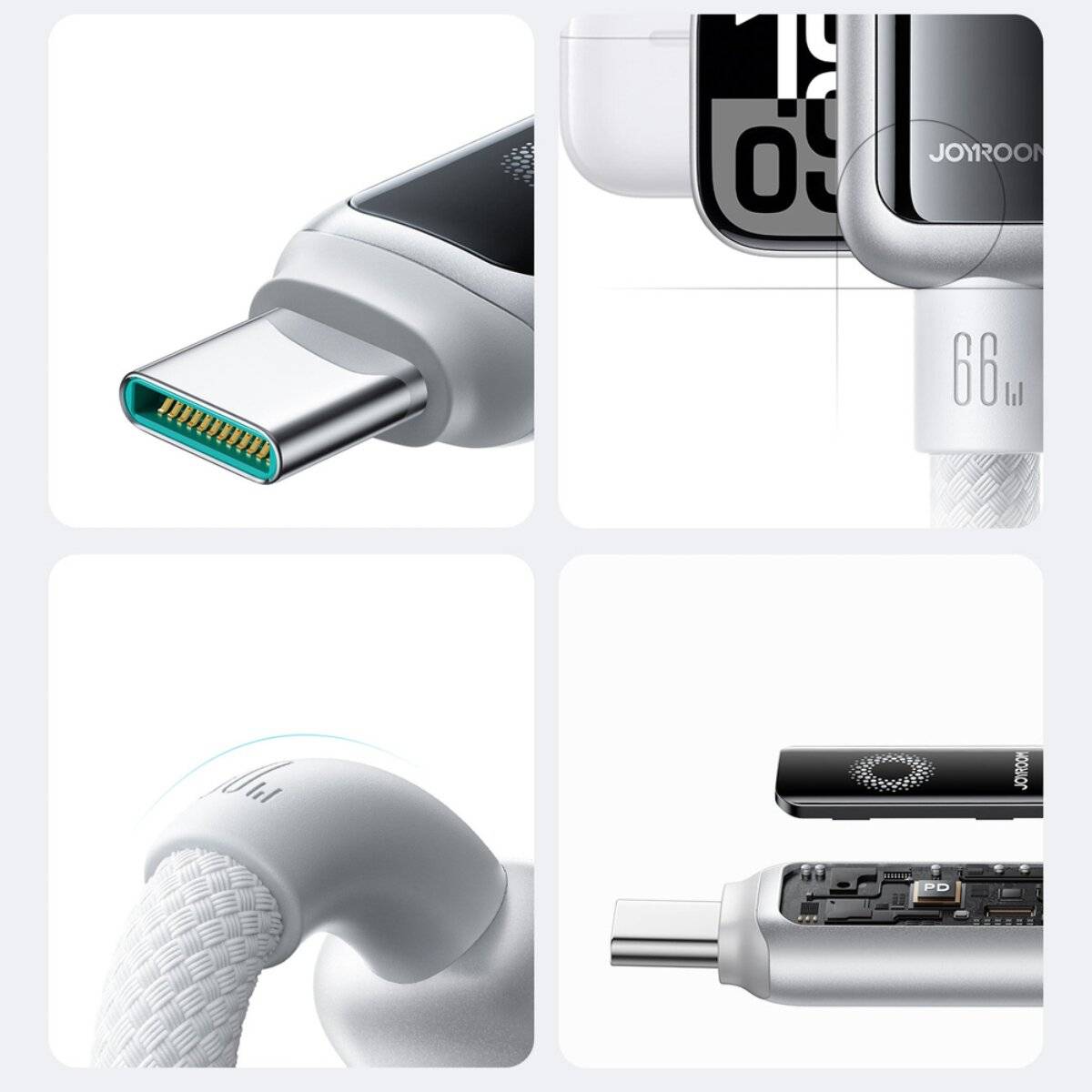Nahaufnahmen eines USB-Typ-C-Kabels mit digitalem Display, das 