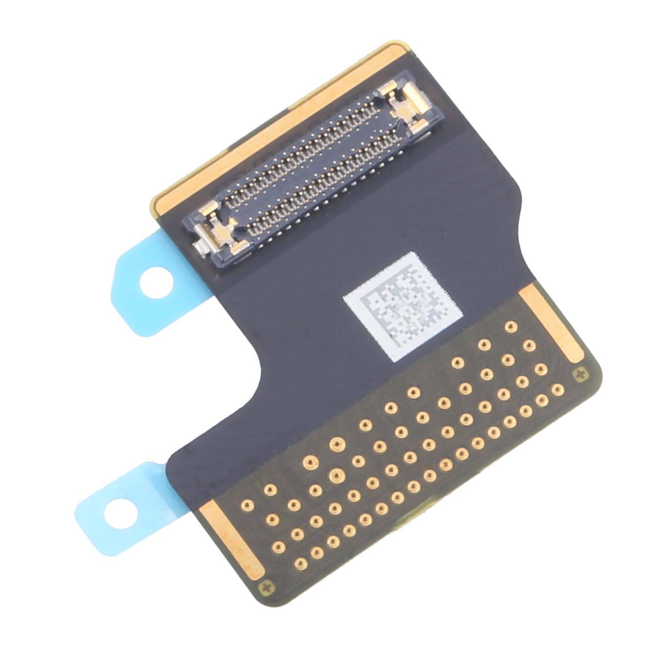 Ein flaches, flexibles Kabel mit mehreren Kontaktpunkten, einem Stecker am Ende und einem kleinen QR-Code, möglicherweise zur Verwendung in elektronischen Geräten.