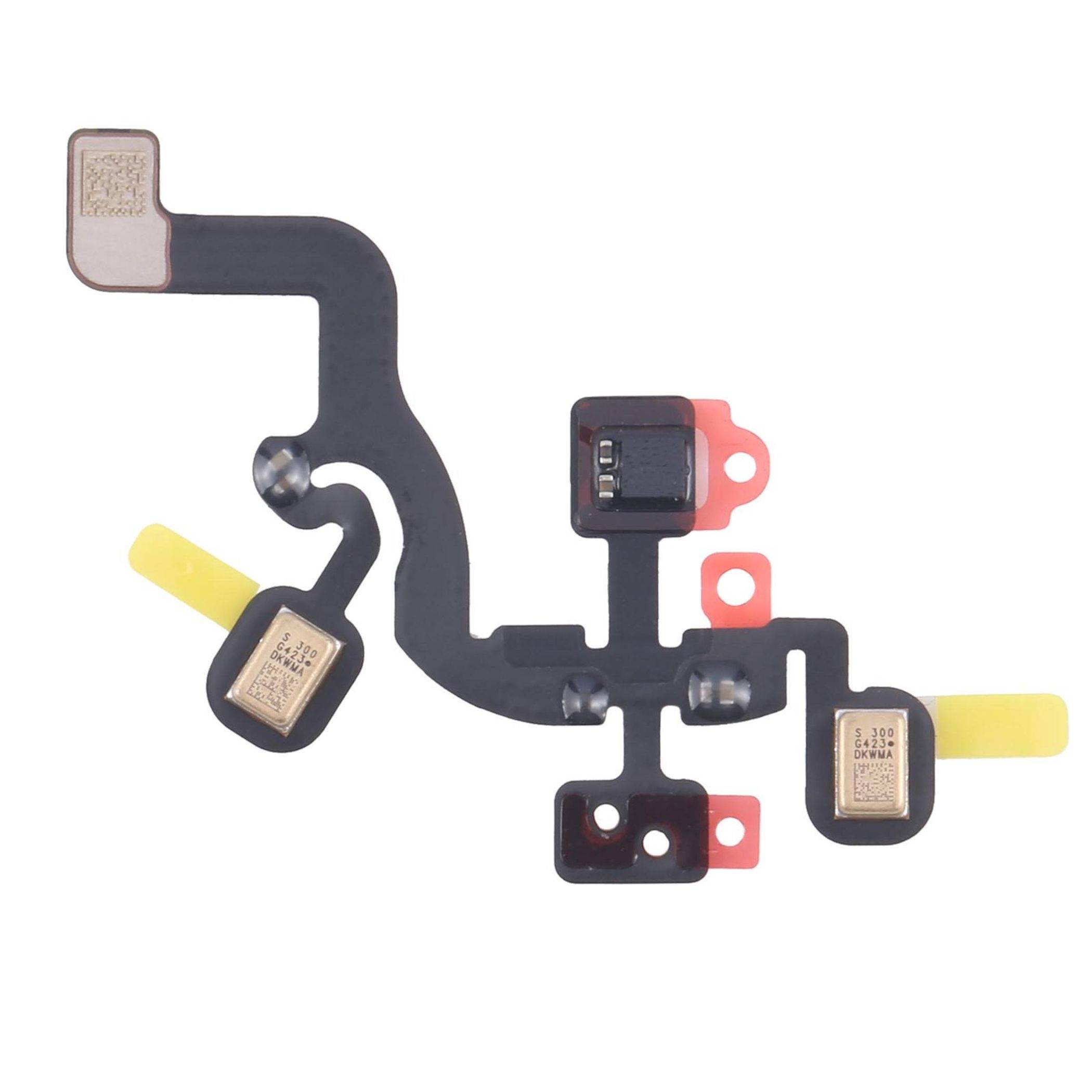 Flaches schwarzes Bauteil mit kleinen quadratischen Sensoren und Anschlüssen, wahrscheinlich ein Mobilgerät-Teil, das aufwendiges Design und technische Details zeigt.