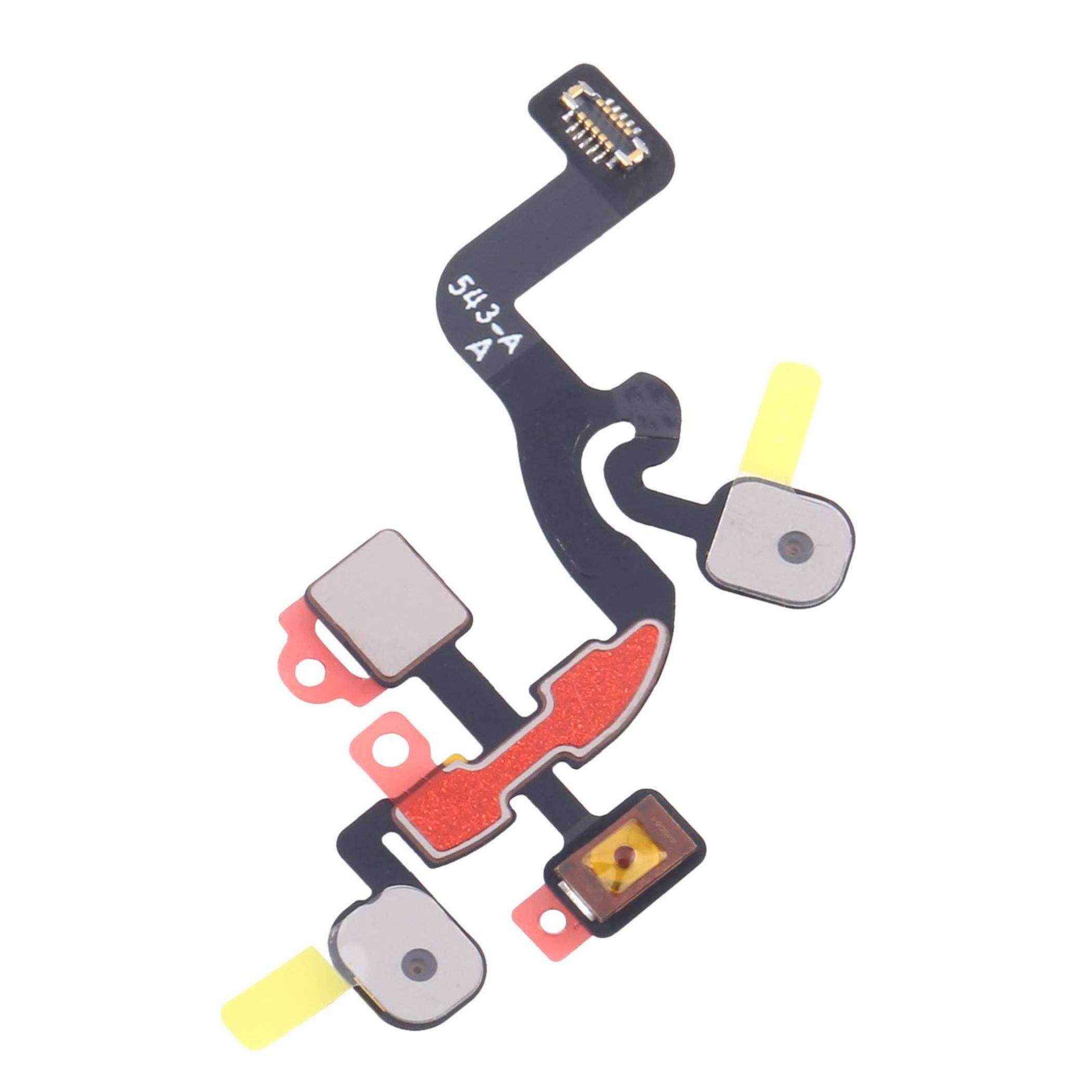 Flachbandkabel mit Tasten und Steckverbindern für ein elektronisches Gerät auf weißem Hintergrund.