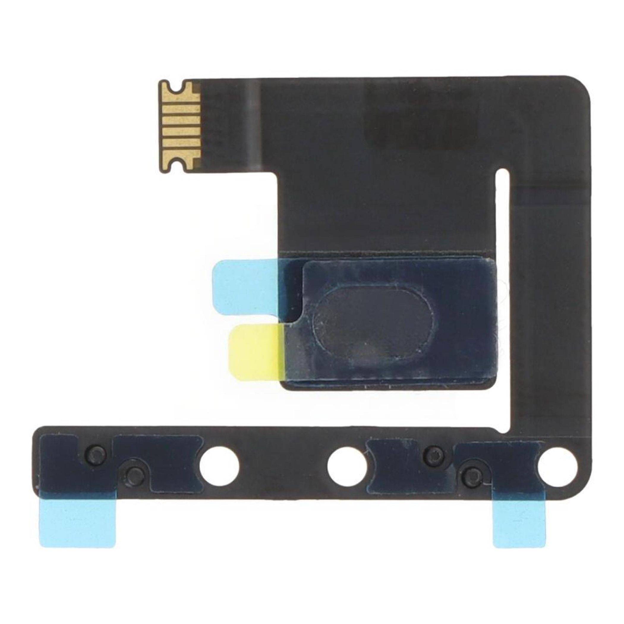 Ein kleines elektronisches Flachbandkabel mit einem Stecker an einem Ende, das mehrere blaue Klebstreifen zur Befestigung an einer Gerätekomponente aufweist.