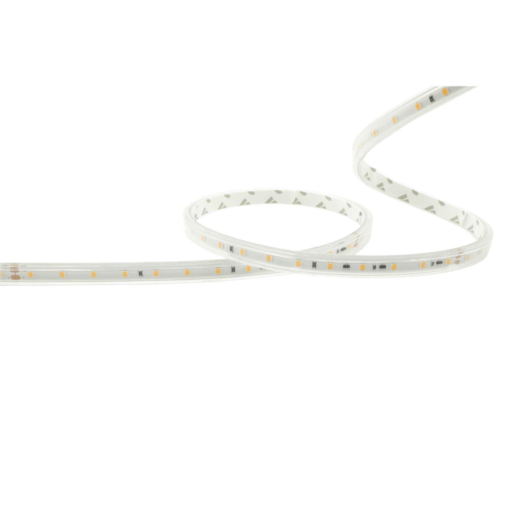 Ein leuchtender LED-Streifen gibt helles grünes Licht ab und windet sich in einem Schleifenmuster auf einer dunklen Oberfläche, wobei seine Flexibilität und Leuchtkraft hervorgehoben werden.