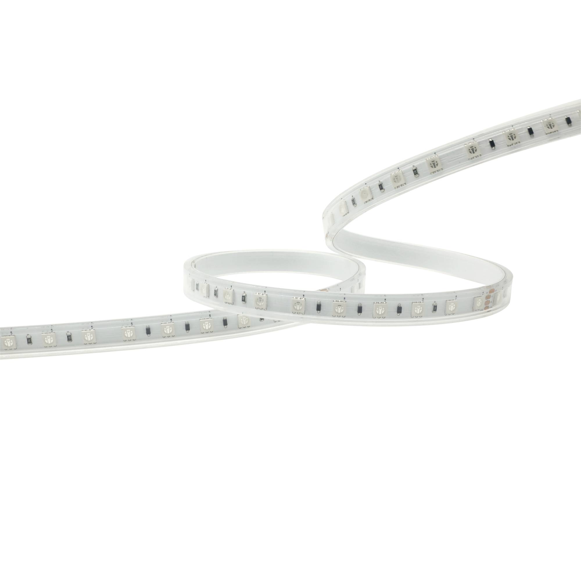 Eine Nahaufnahme eines flexiblen LED-Streifenlichts, das gegen einen schwarzen Hintergrund aufgerollt ist und kleine Leuchtdioden zeigt, die in regelmäßigen Abständen entlang des Streifens angebracht sind.