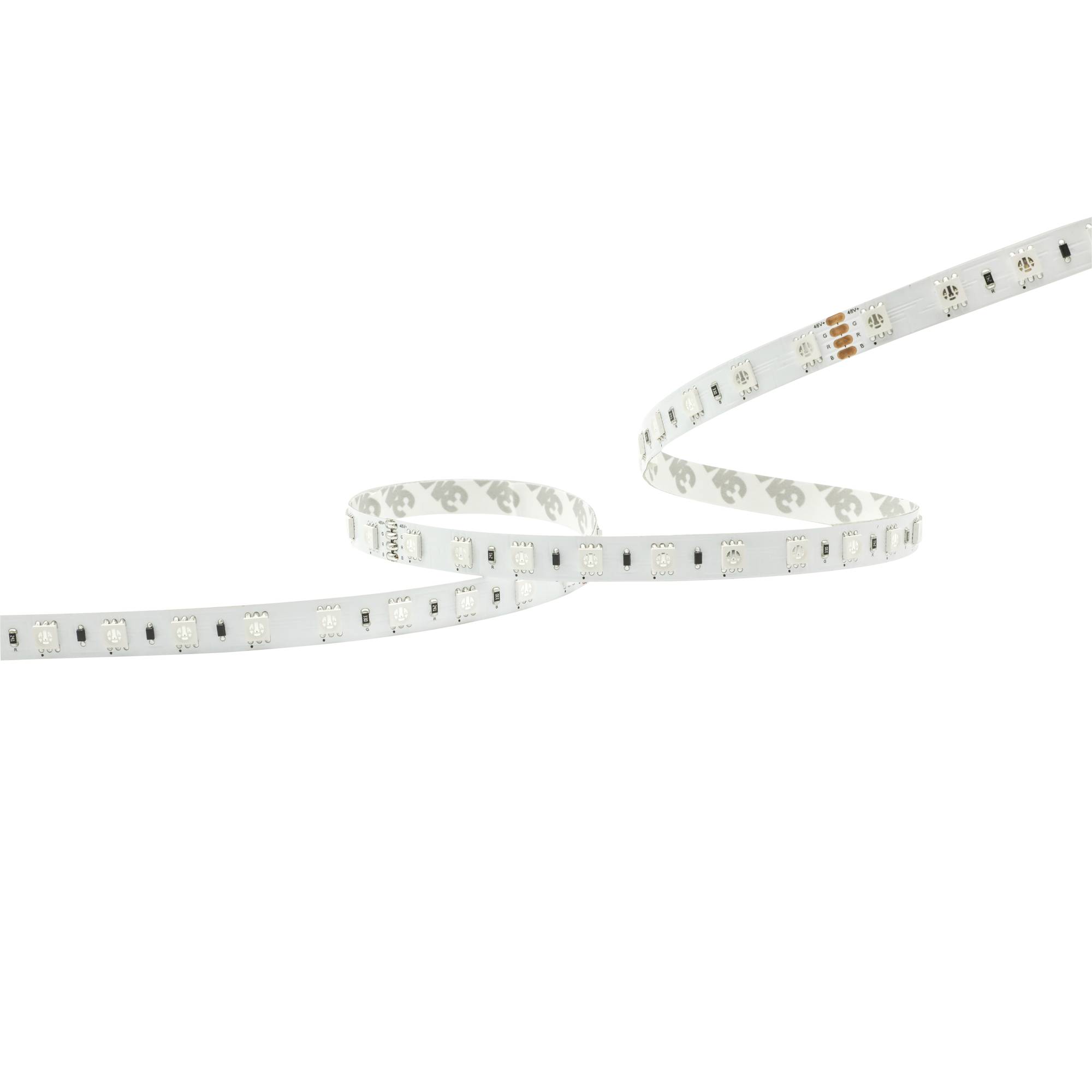 Ein flexibles, weißes LED-Streifenlicht biegt sich vor einem schwarzen Hintergrund, wobei kleine LED-Birnen gleichmäßig über seine gesamte Länge verteilt sind.